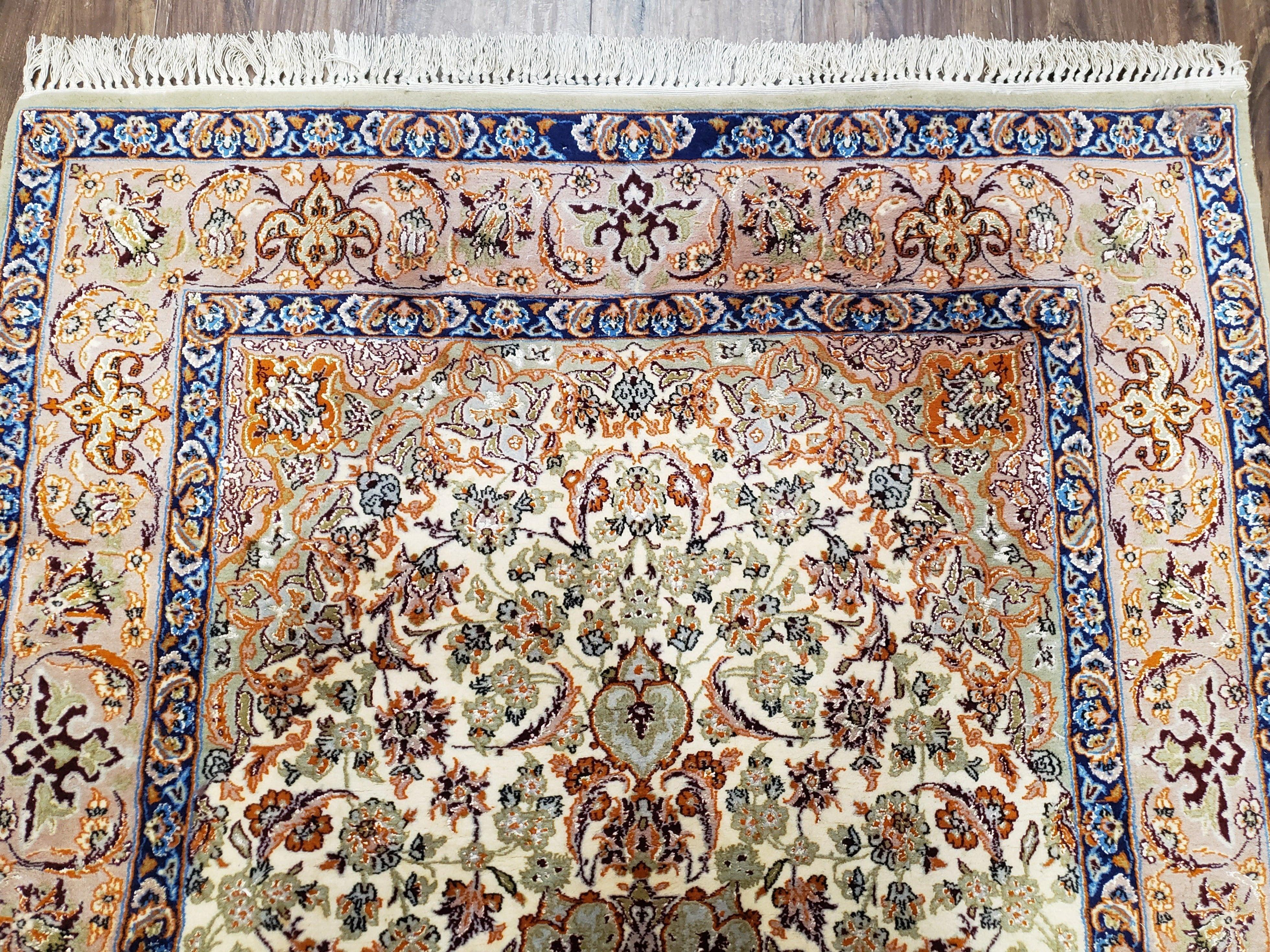 Vintage Persian Isfahan Lachak Toranj Rug, Highly Detailed, Kork Wool on Silk Foundation, Beige and Dark Blue, Hand-Knotted, 3'6" x 5' 4" - Jewel Rugs