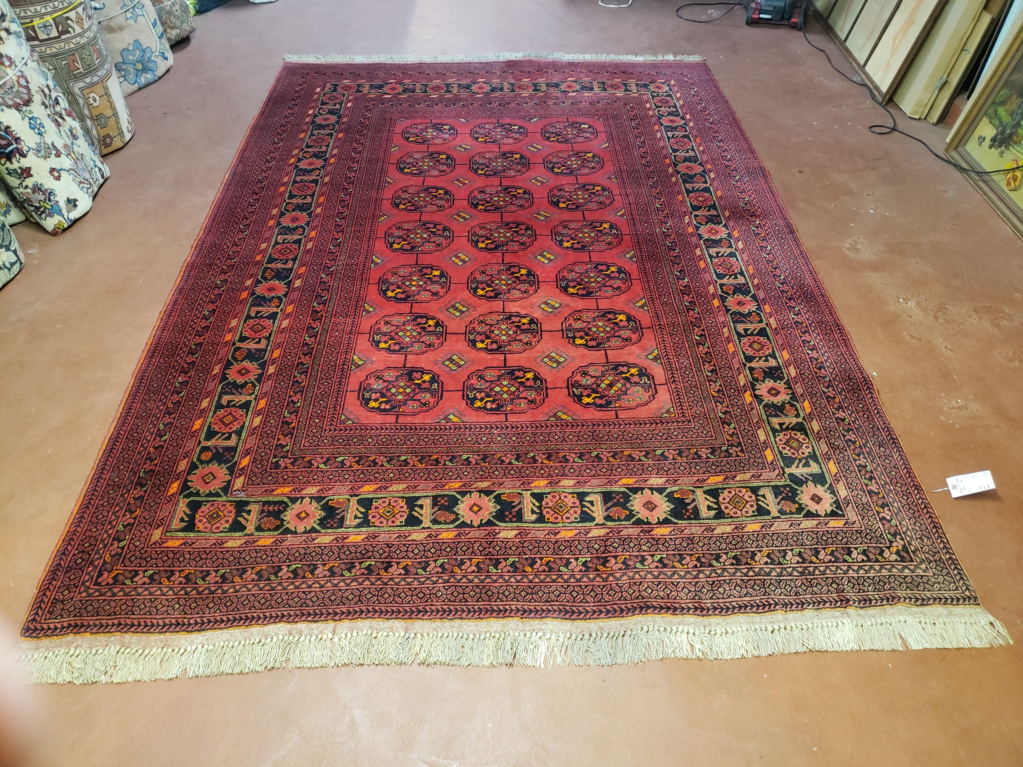 7x10 Vintage Afghan Turkoman Yamud Bokhara Rug Red Bukhara Hand-Knotted Oriental Afghanistan Carpet Wool - Jewel Rugs