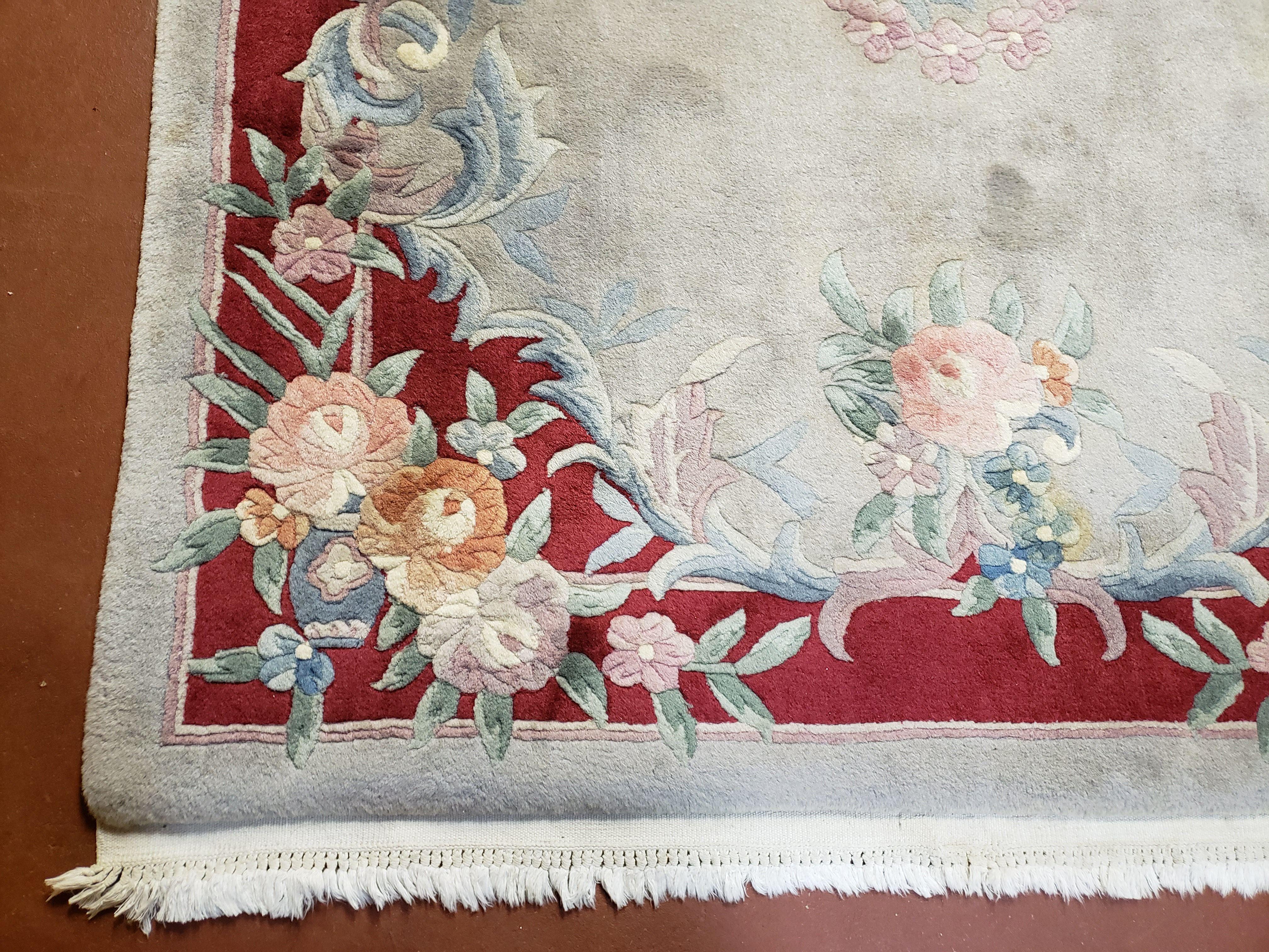 Gray & Red Chinese Art Deco Rug, 4x6 Vintage Chinese Carpet, 4 x 6 Hand Knotted Vintage Wool Rug with Flowers, 4 by 6 Area Rug - Jewel Rugs