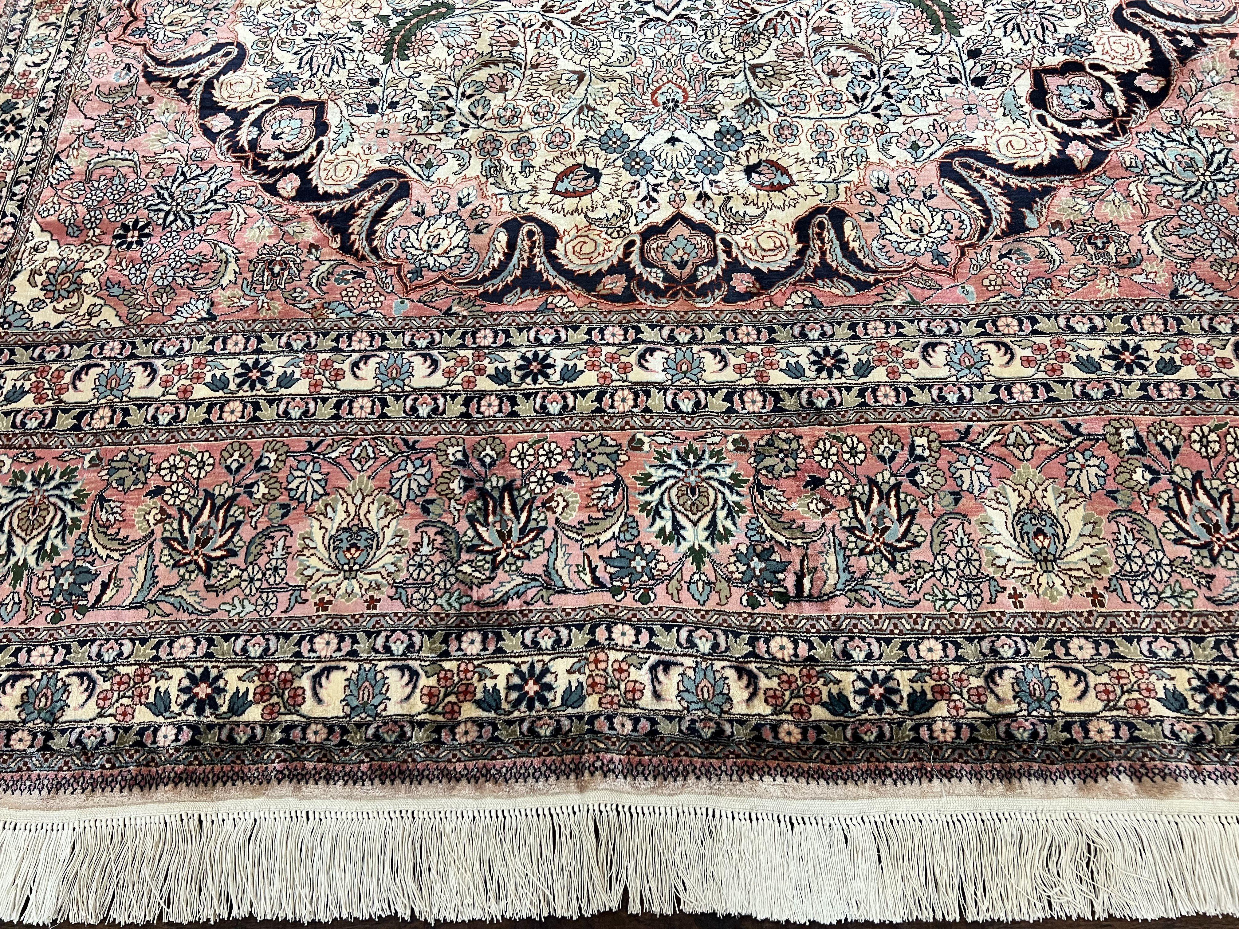 Indian Silk Kashmiri Rug 9x12, Room Sized All Silk Carpet, Center Medallion, Highly Detailed, Top Quality, Very Fine, Vintage, Cream Pink - Jewel Rugs