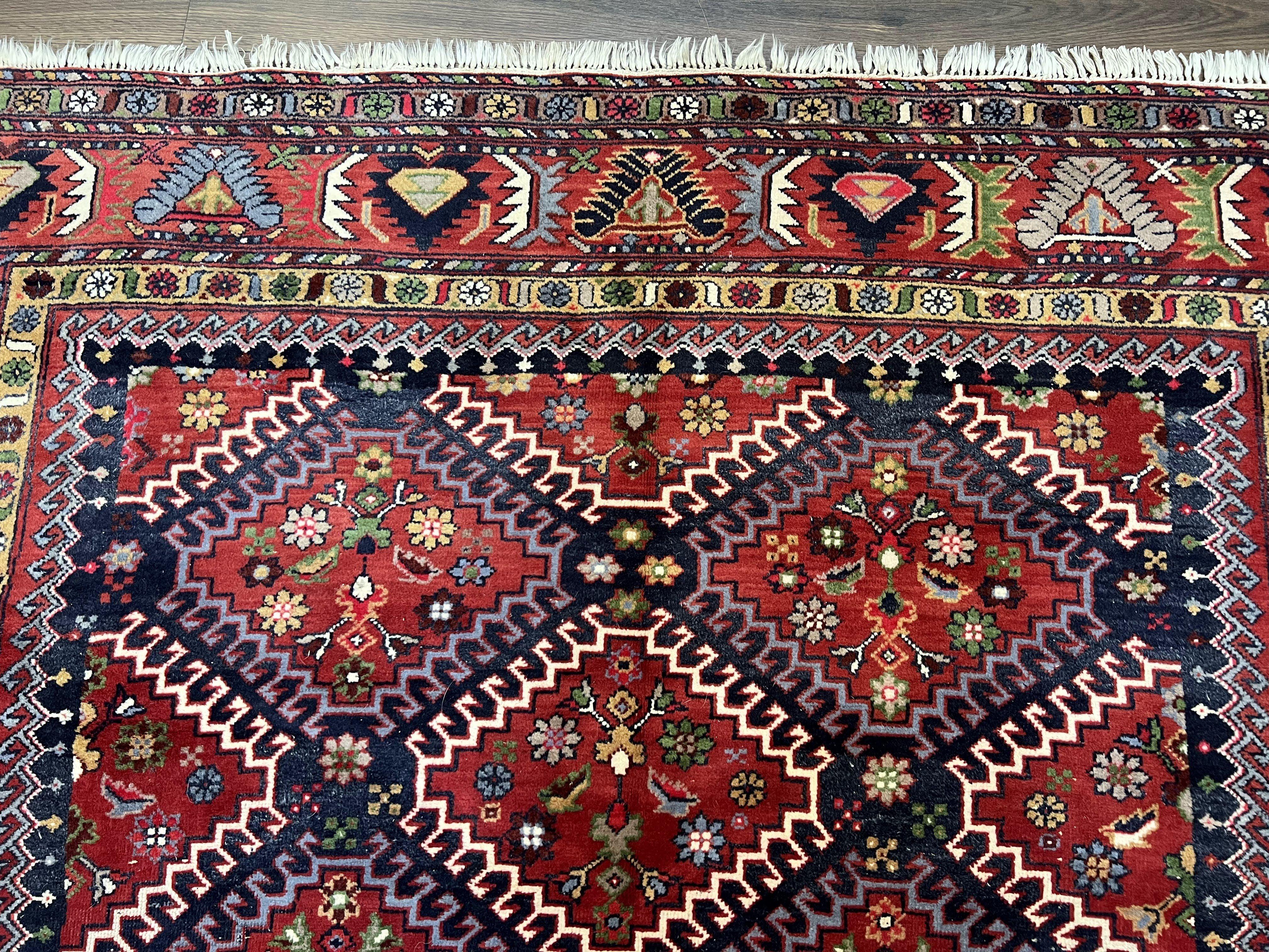 Wonderful Persian Rug 7x10, Persian Shiraz Yalameh Tribal Rug 7 x 10, Semi Antique Colorful Persian Carpet, Geometric Diamond, Handmade Wool, Red Navy Blue - Jewel Rugs