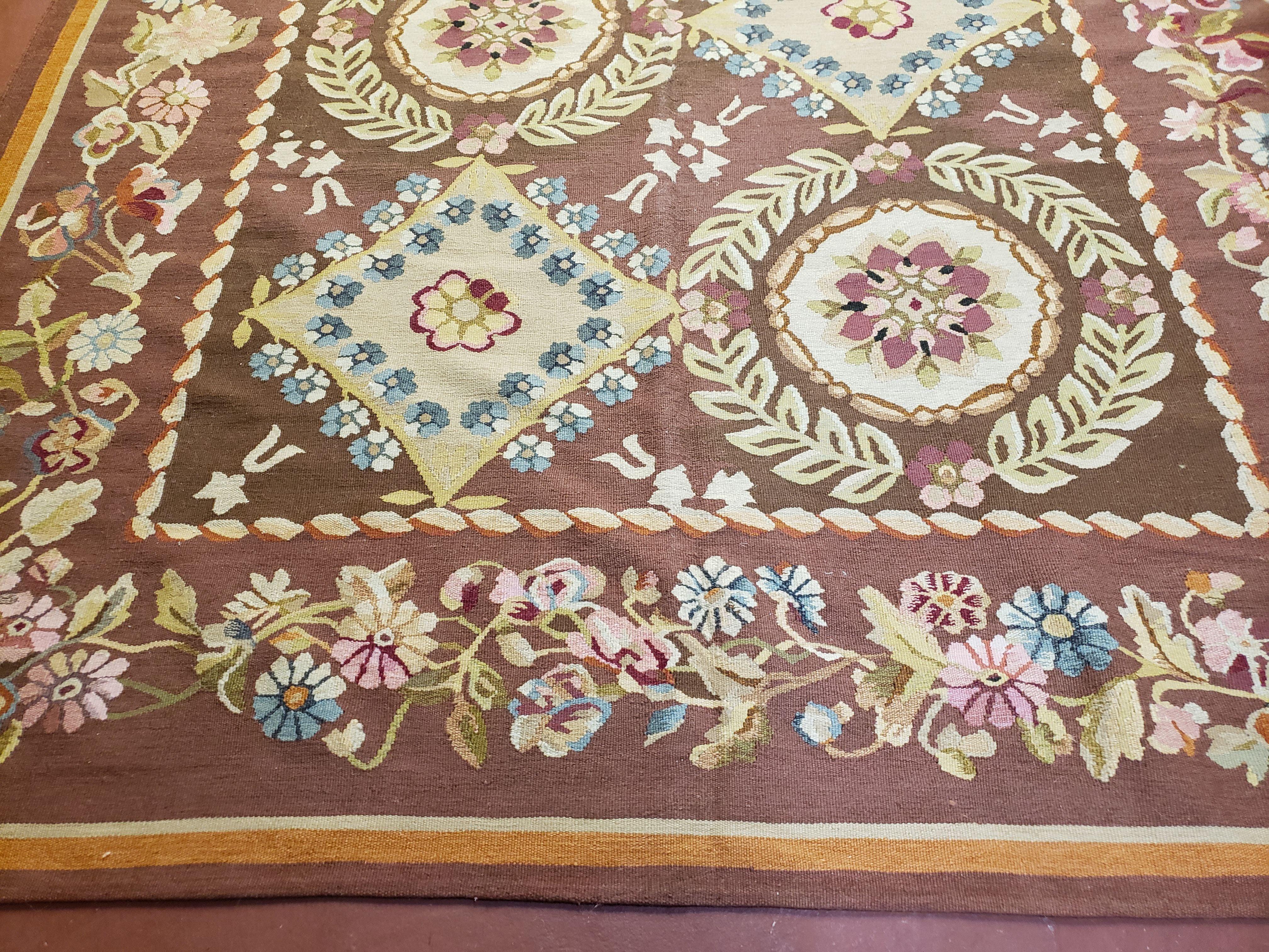 Aubusson Rug 6 x 9 Flat Weave Area Carpet European Design Flowers New Brown Rug Handmade Wool Hand-Knotted Aubusson Weave Medium Rug 6x9 - Jewel Rugs