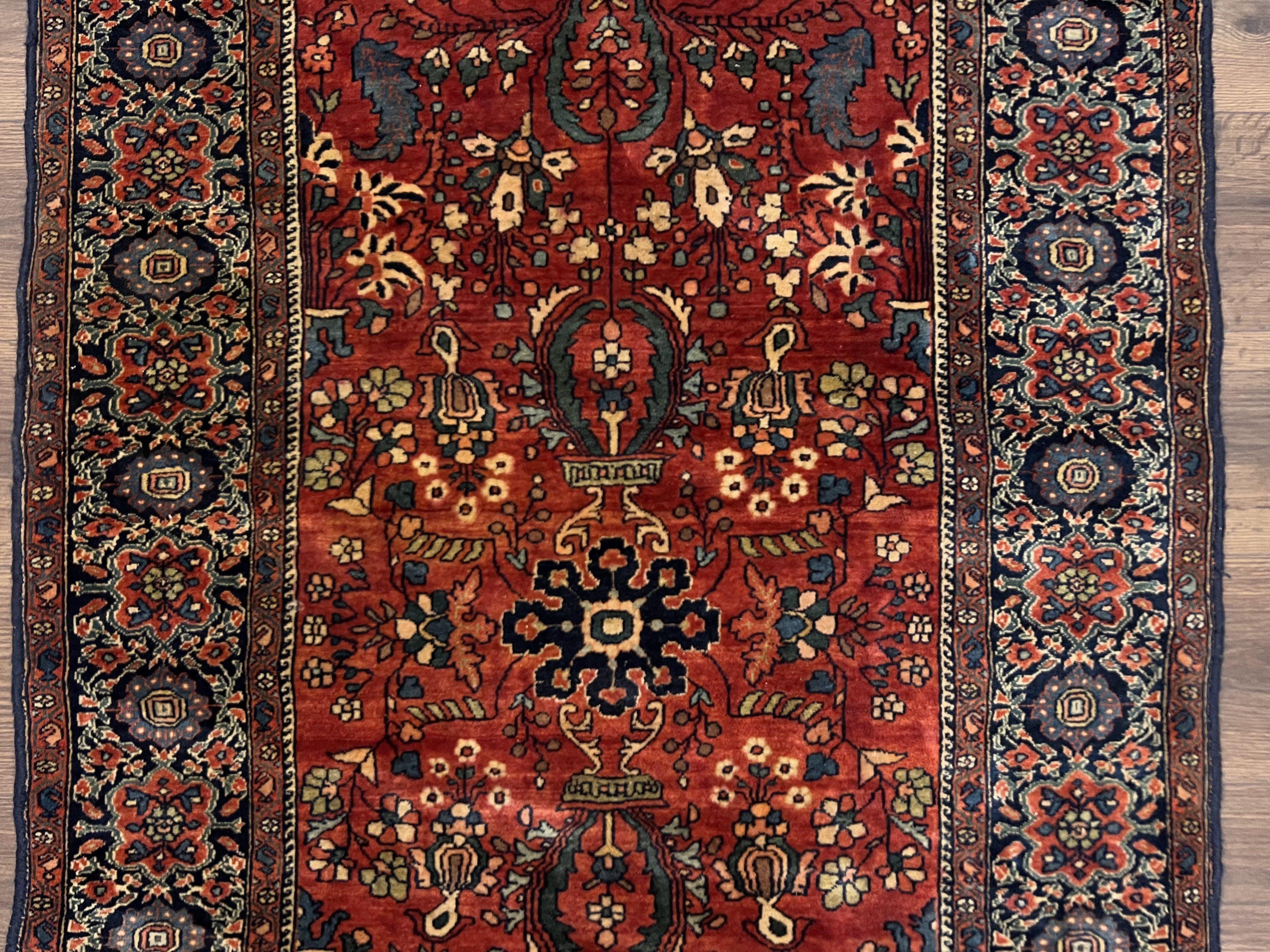 Beautiful Antique Persian Sarouk Farahan Rug 3x6, Red Navy Blue Oriental Carpet, Wool Handmade Rug, High Quality Collectible 1920s Feraghan Rug - Jewel Rugs