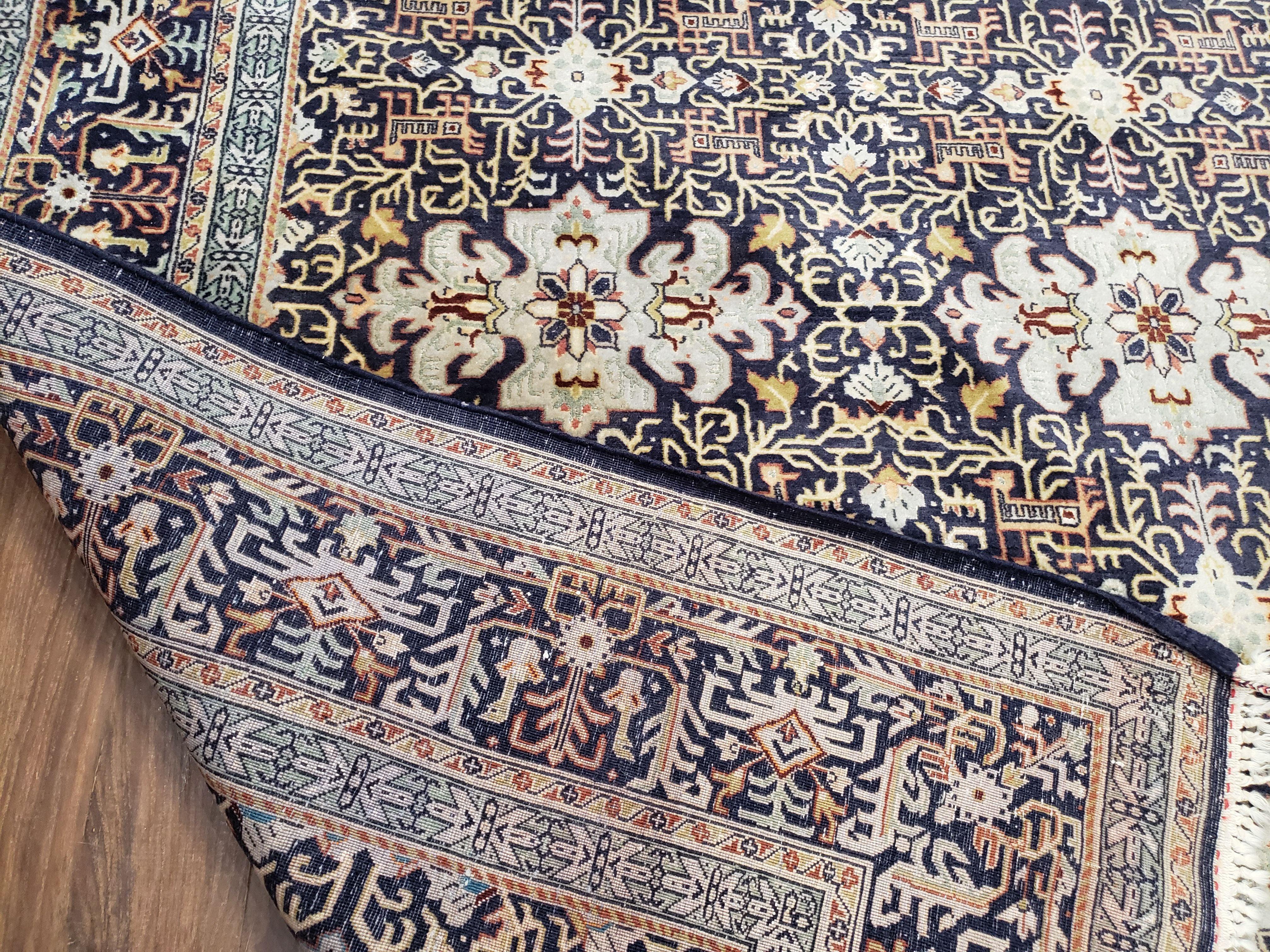 Antique Persian Kashan Rug, Midnight Blue & Ivory, Hand-Knotted, Wool, 4' 8" x 7' 4", Pair B - Jewel Rugs