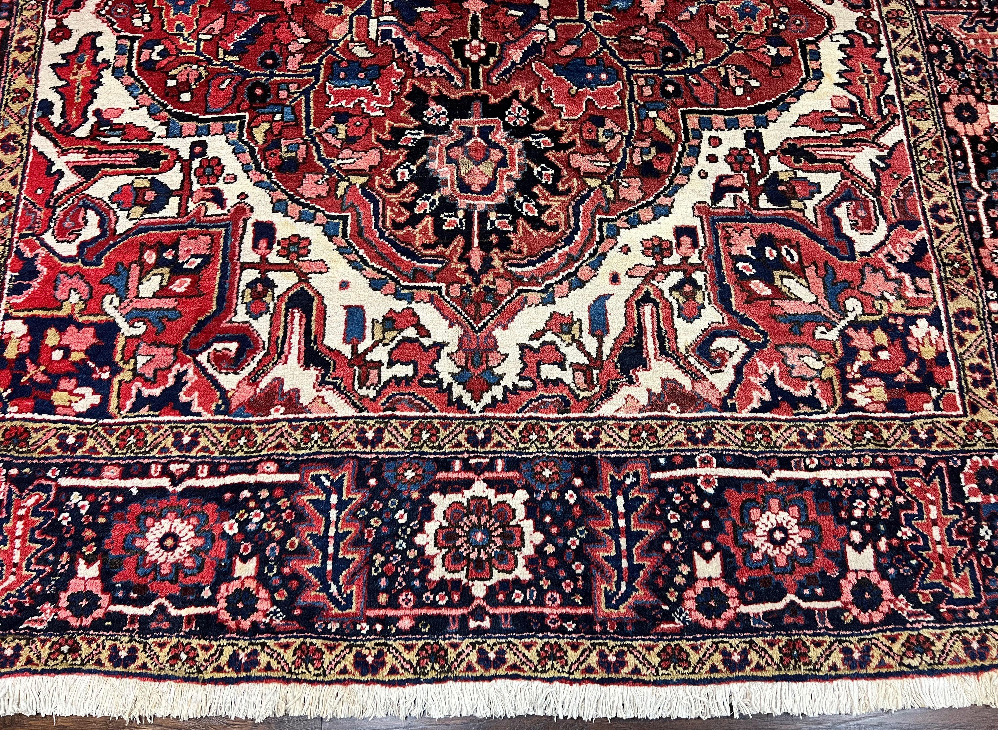 Persian Heriz Rug 8x12, Vintage Geometric Medallion Carpet, Semi Antique Wool Handmade Room Sized Oriental Rug 8 x 12, Red Dark Blue Ivory - Jewel Rugs