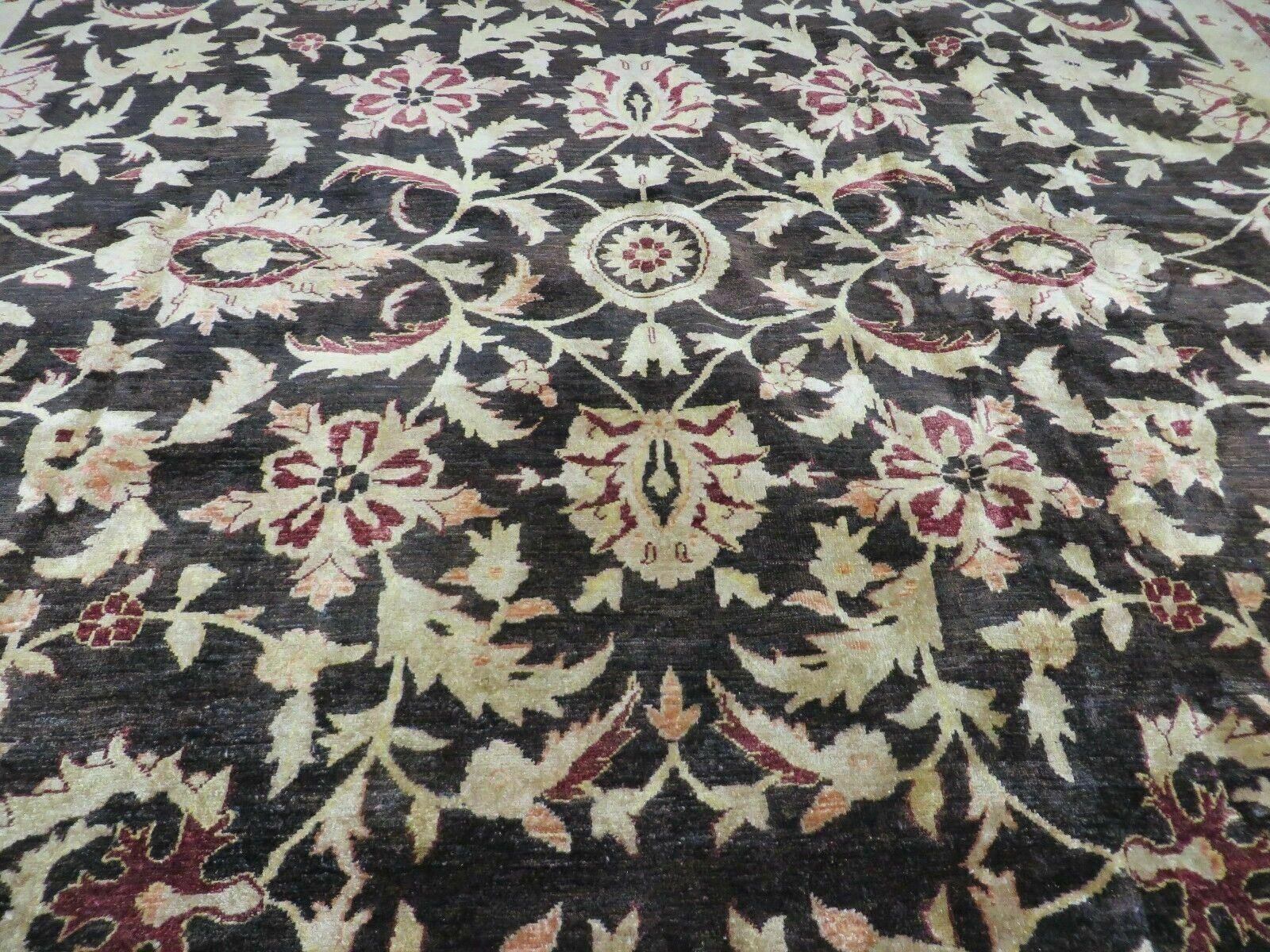 11' X 15' Vintage Hand Knotted Indian Agra Wool Rug Hand Made Dark Brown Floral - Jewel Rugs