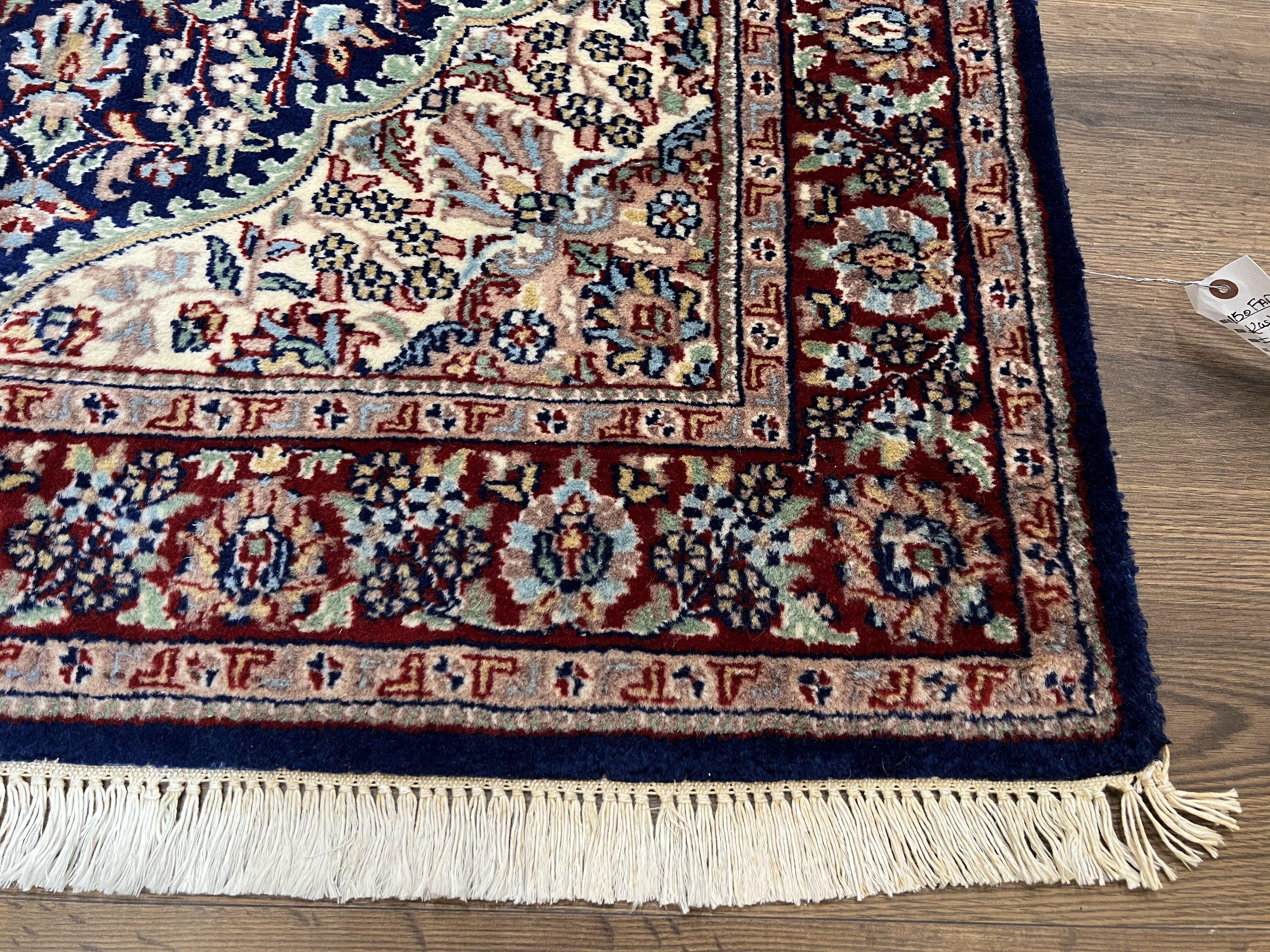 Indo Persian Rug 4 x 6.5, Navy Blue and Ivory/Cream, Hand-Knotted Wool Indian Oriental Carpet, Floral Medallion, Traditional Entryway Rug - Jewel Rugs