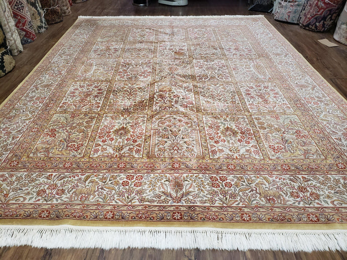 Indo Kirman Rug 8x10, Panel Design, Animals, Deer, Flowers, Ivory Tan Beige, High Quality Handmade Rug, Traditional Oriental Carpet 8 x 10 - Jewel Rugs