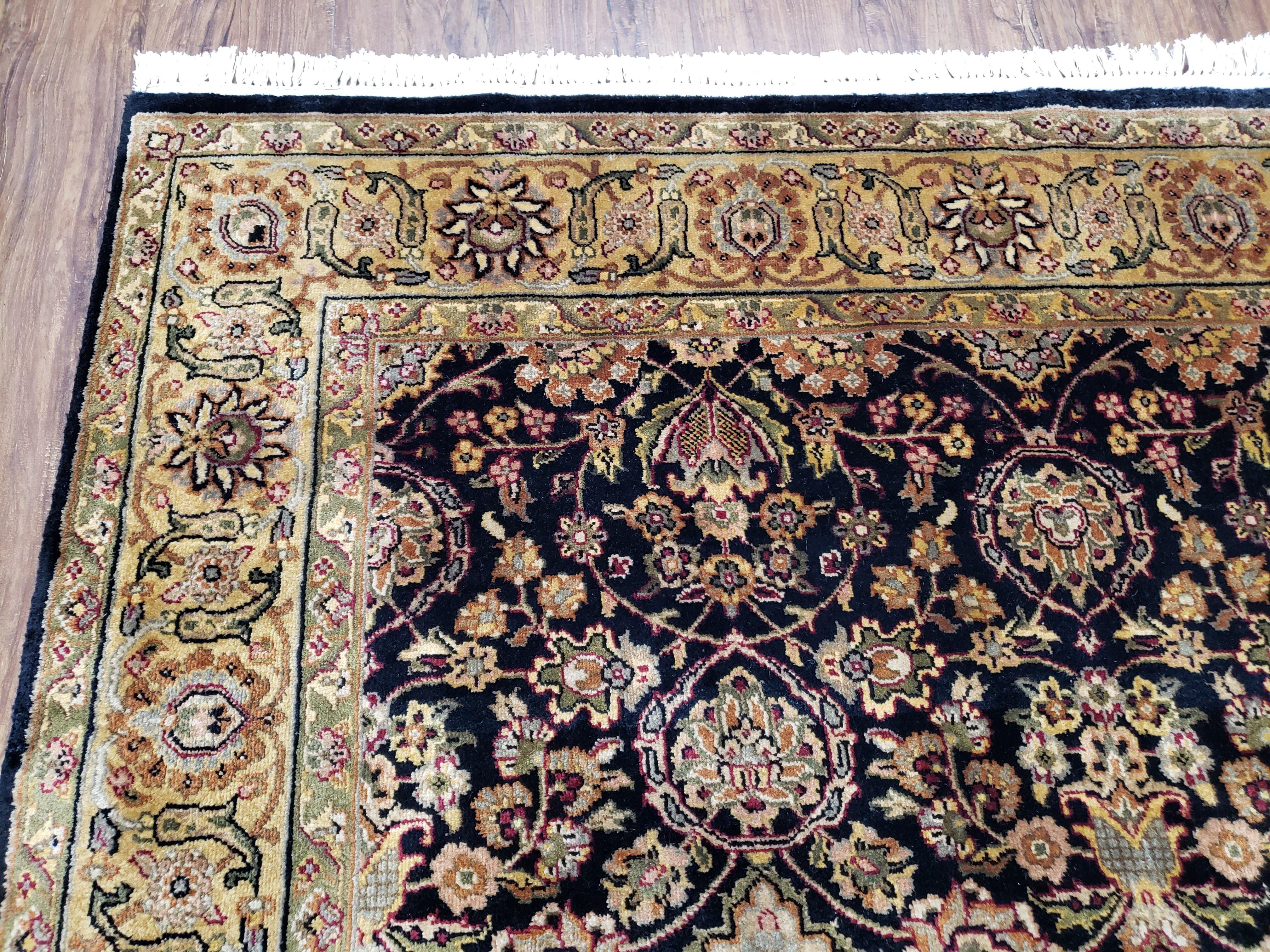 Vintage Floral Indo-Persian Area Rug 5x9 - 6x10, Wool Hand-knotted Black & Gold Indian Oriental Carpet, 6x9 Dining Table Rug, Bedroom Rug - Jewel Rugs