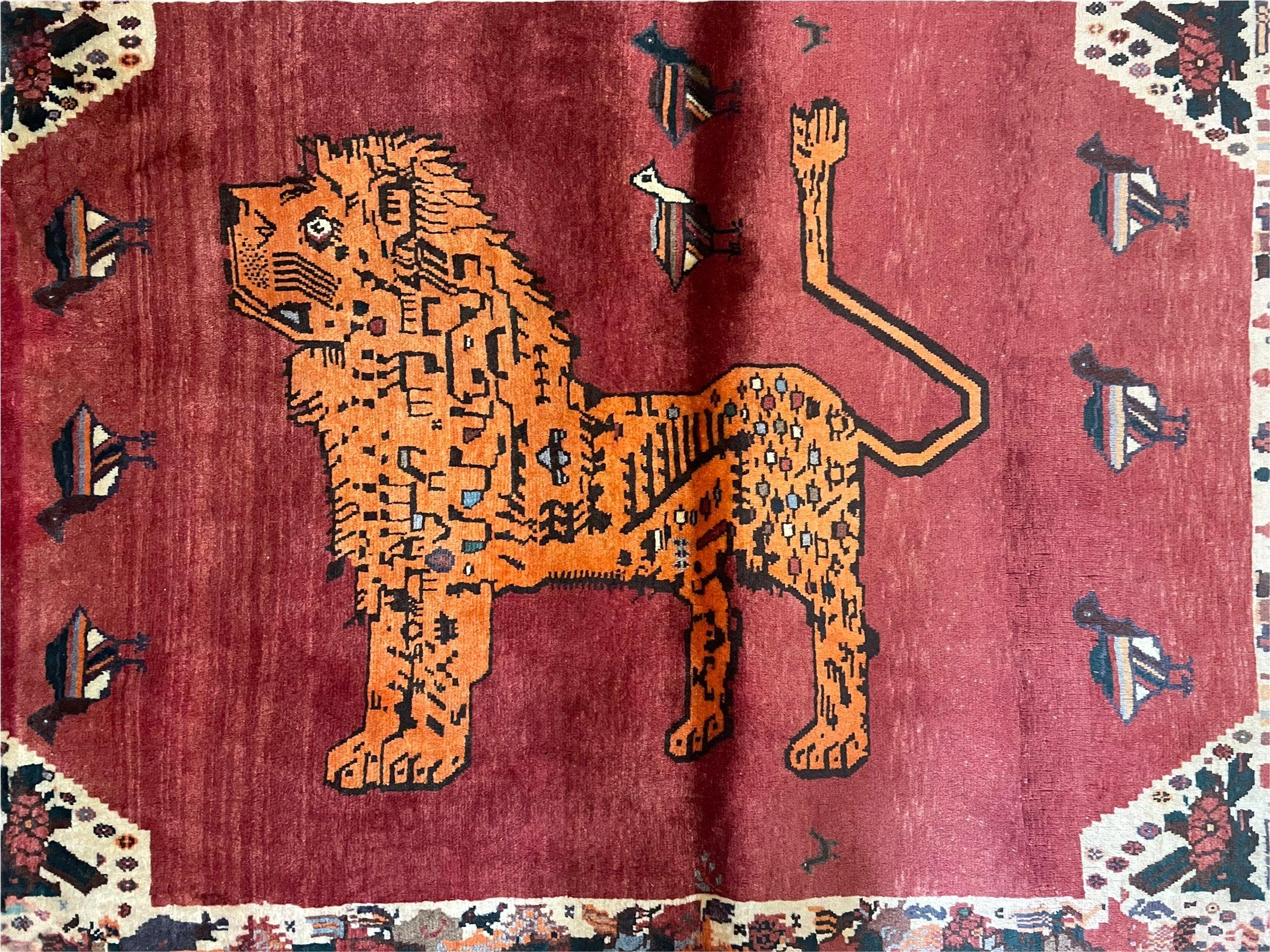 4 x 5 Antique Hand-knotted Lion Birds Handmade Quality Wool Rug Zagros Red Nice - Jewel Rugs