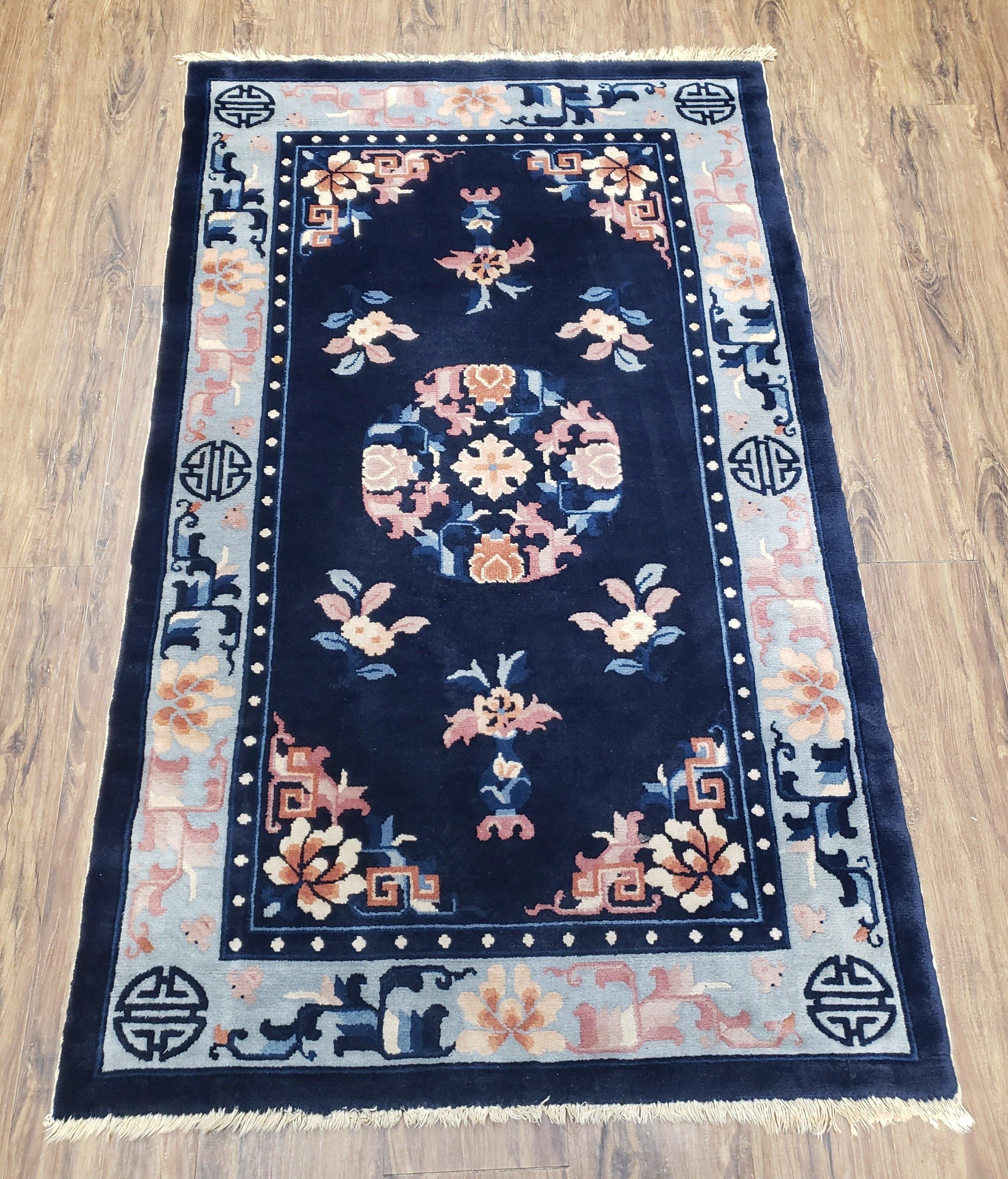 Antique Blue Chinese Peking Rug 3x5, Wool Hand-Knotted Chinese Art Deco Asian Carpet, 3 x 5 Small Entryway Rug, Dark Blue & Beige, Handmade - Jewel Rugs