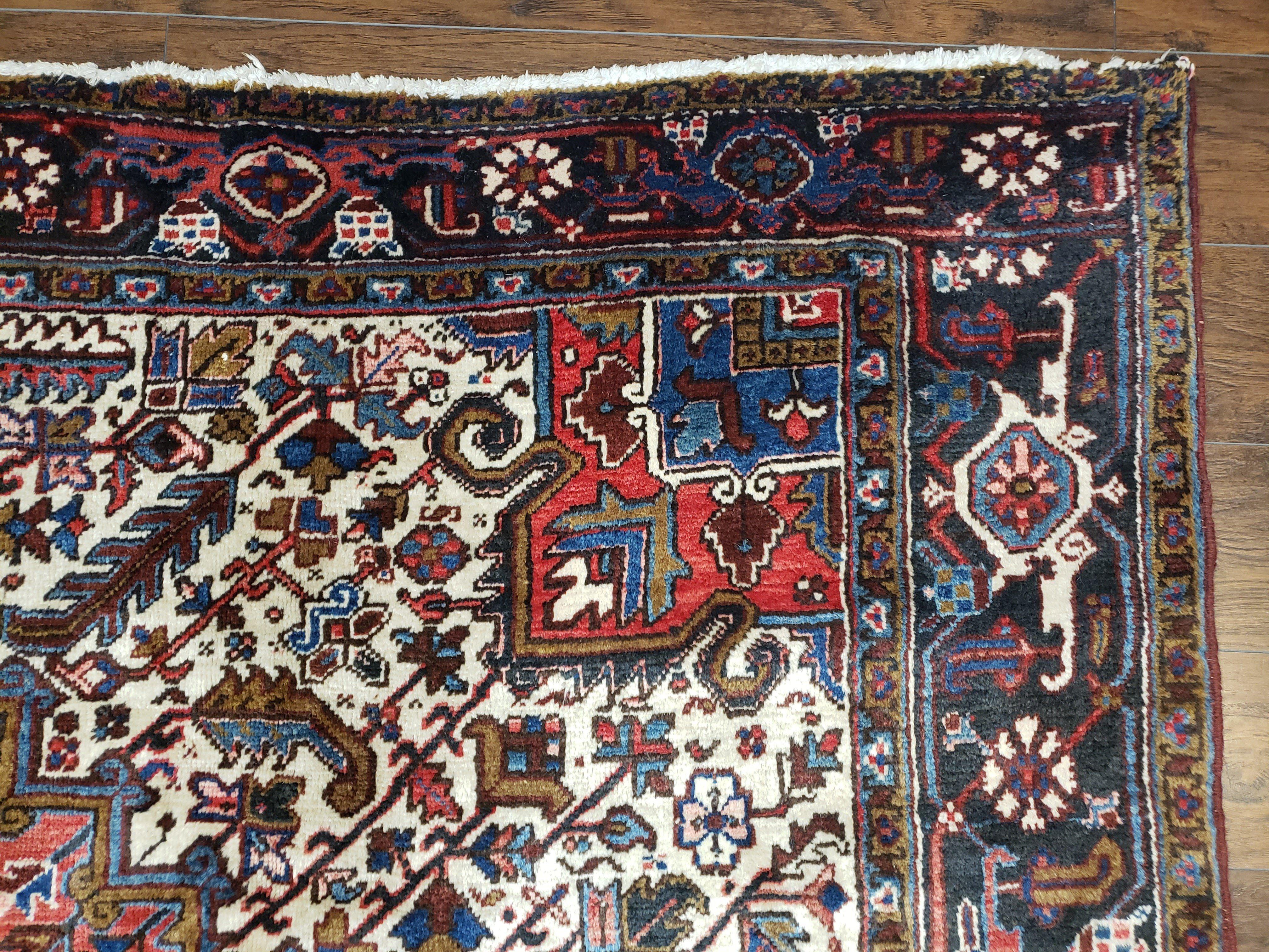 Antique Persian Heriz Rug, Hand-Knotted, Wool, Red Cream Dark Blue, 9' x 11' 10" - Jewel Rugs