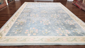 Vintage Edward Fields Room Size Area Rug 10x15, Wool Hand Tufted Light Blue Cream Floral American Carpet, 10 x 15 Large Living Room Rug - Jewel Rugs