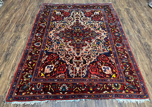 Antique Persian Bakhtiari Rug 5x6 ft, Village Rug, Vegetable Dyed, Red Midnight Blue Gold Tan, Hand Knotted Wool Carpet, Floral Medallion - Jewel Rugs