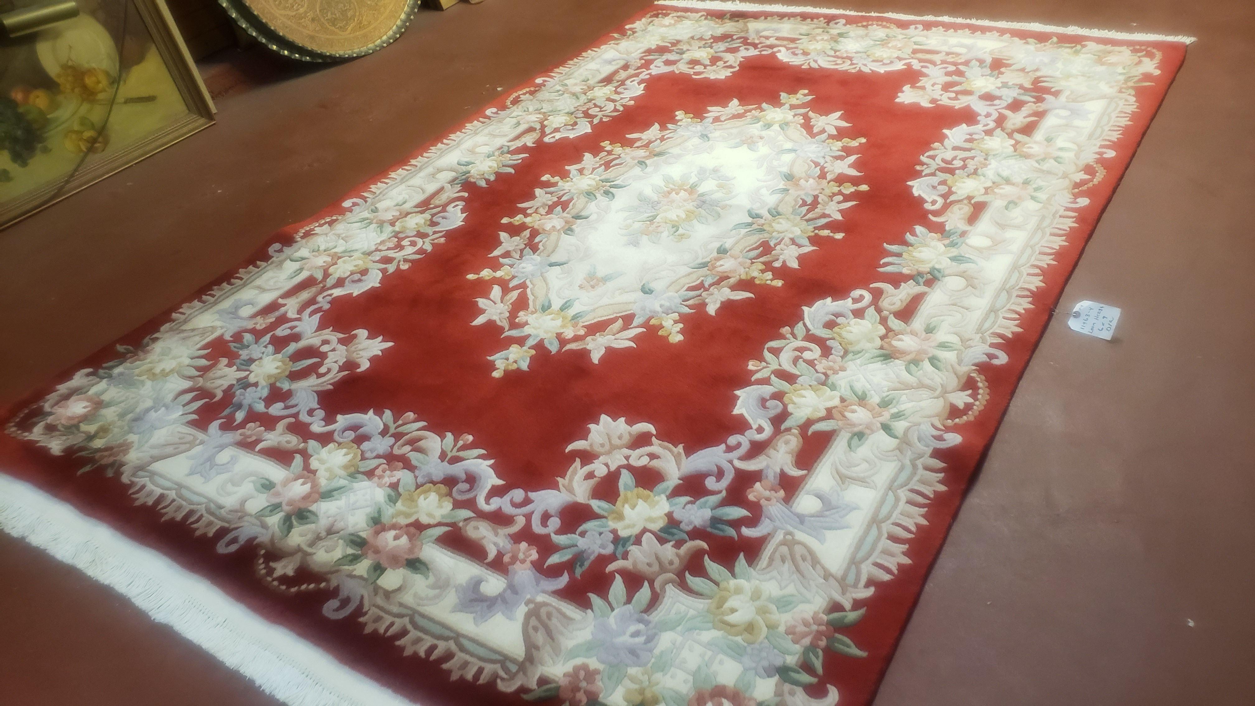 Red & Ivory Chinese Rug 6x9, Vintage Chinese Wool Carpet, Chinese Carving Rug, 90 Line, Aubusson Pattern, Handmade Soft Plush Area Rug - Jewel Rugs