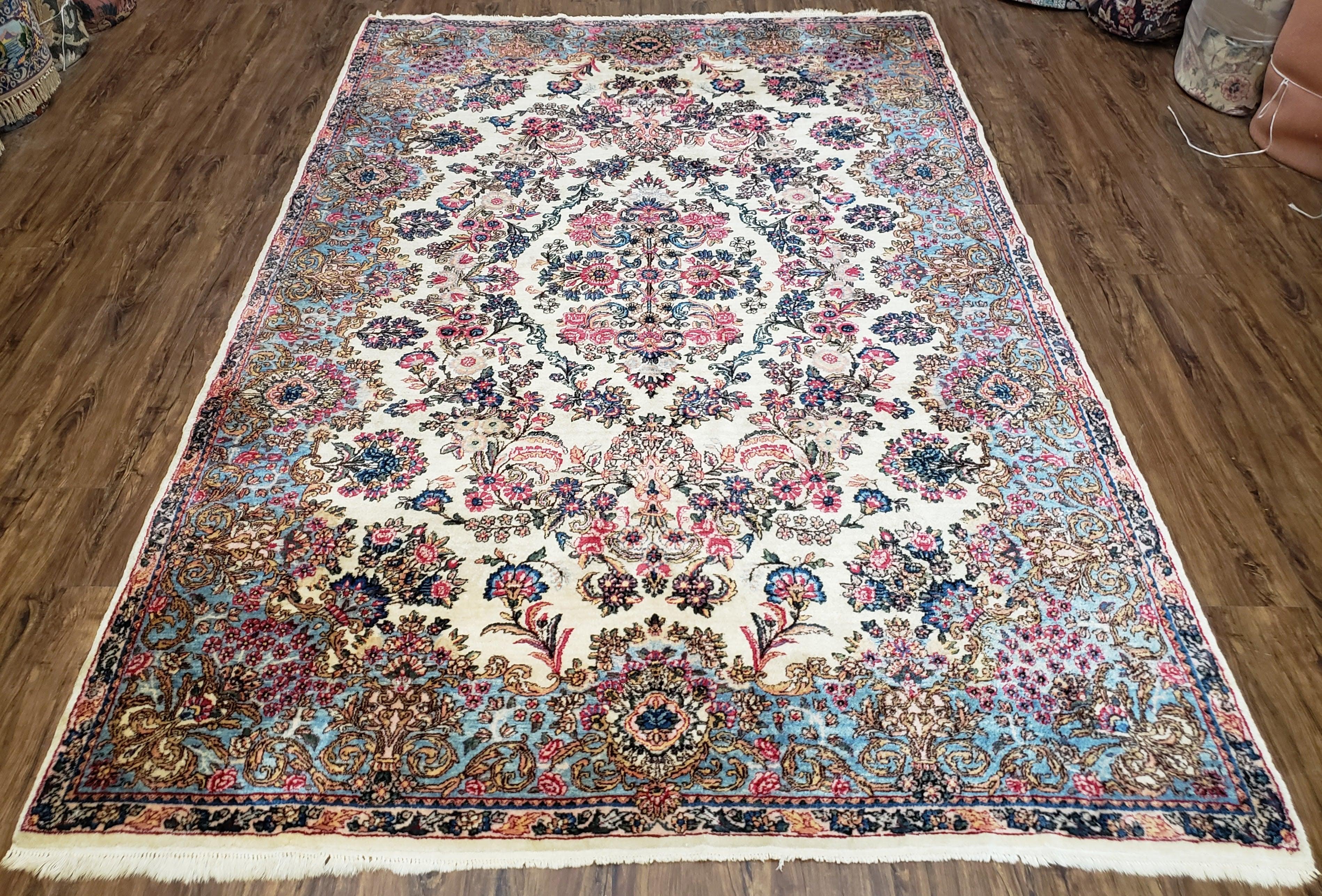 Antique Persian Kirman Rug, Ivory - Light Blue - Rose, Hand-Knotted, Wool, 5' 11" x 8' 11" - Jewel Rugs