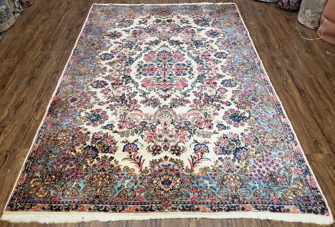 Antique Persian Kirman Rug, Ivory - Light Blue - Rose, Hand-Knotted, Wool, 5' 11