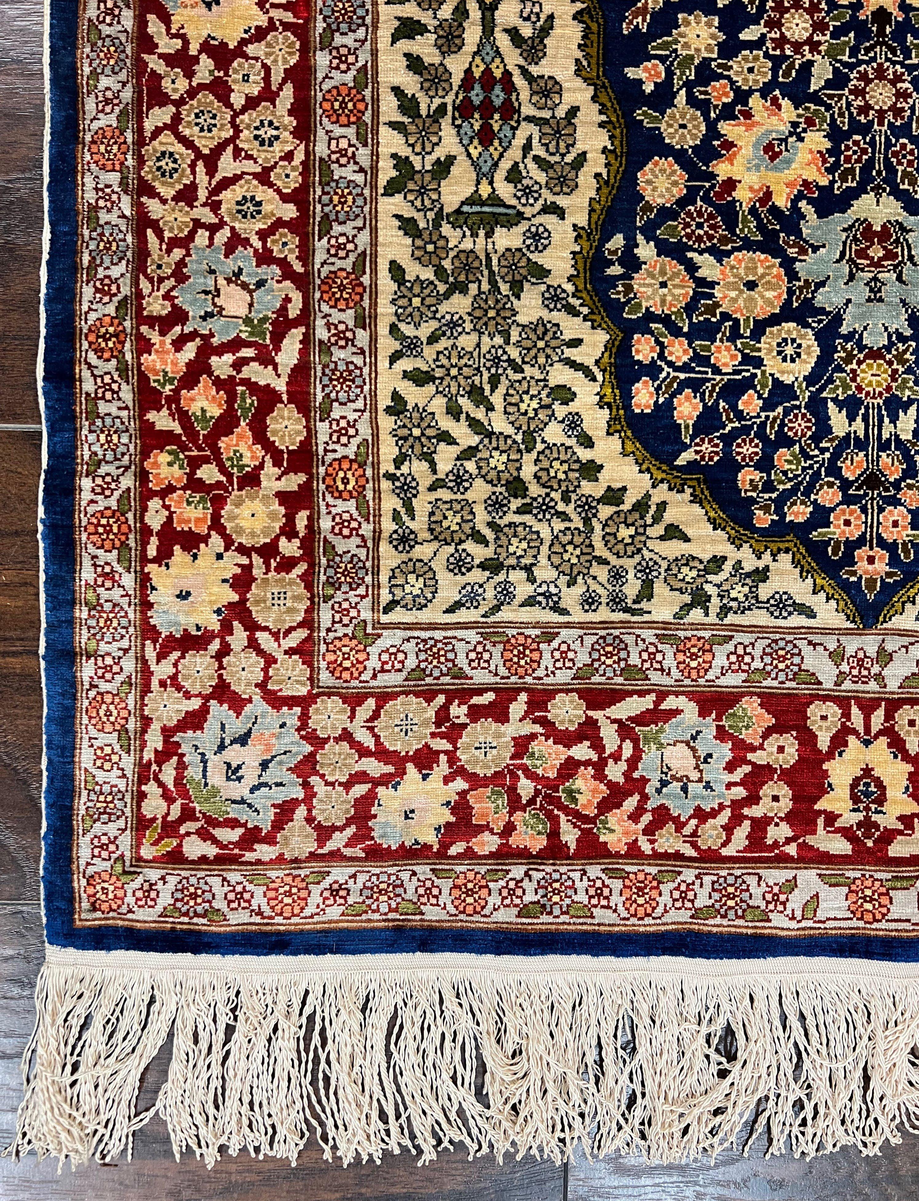 Authentic Silk Turkish Hereke Rug 2x3 ft with Signature, Wonderful Silk on Silk Small Hereke Carpet 2 x 3, Floral Navy Blue Dark Red Cream - Jewel Rugs