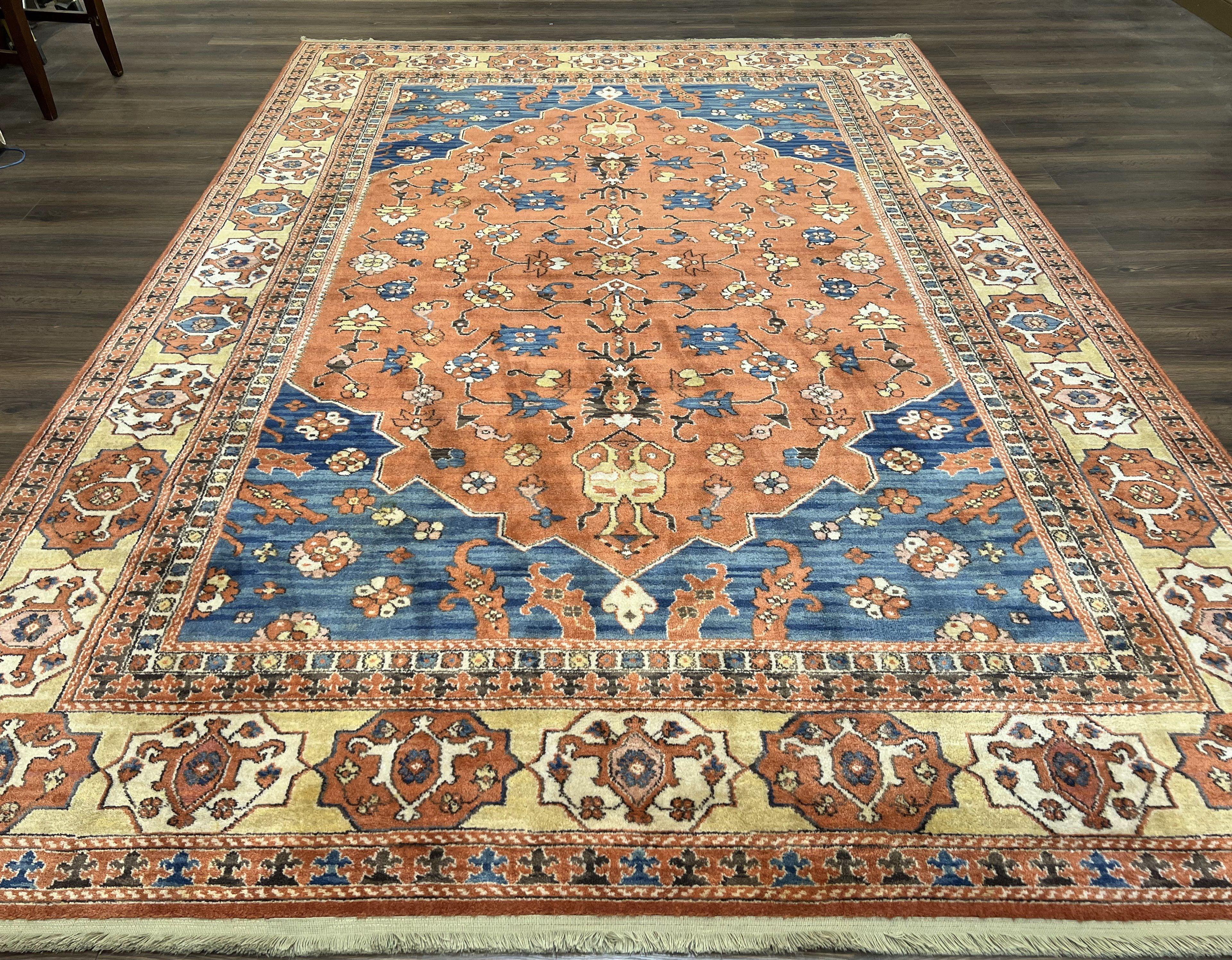 Karastan Rug 8' 2" x 11' 9", Karastan Williamsburg Rug Pattern #553 Turkish Church, Salmon Blue Golden Tan, Wool Karastan Carpet, Room Sized - Jewel Rugs