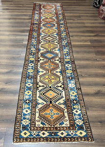 Colorful Turkish Runner Rug 3 x 13 ft, Caucasian Design, Vintage Runner Rug, Wool Hallway Runner, Blue Cream Yellow, Handmade Tribal Rug - Jewel Rugs