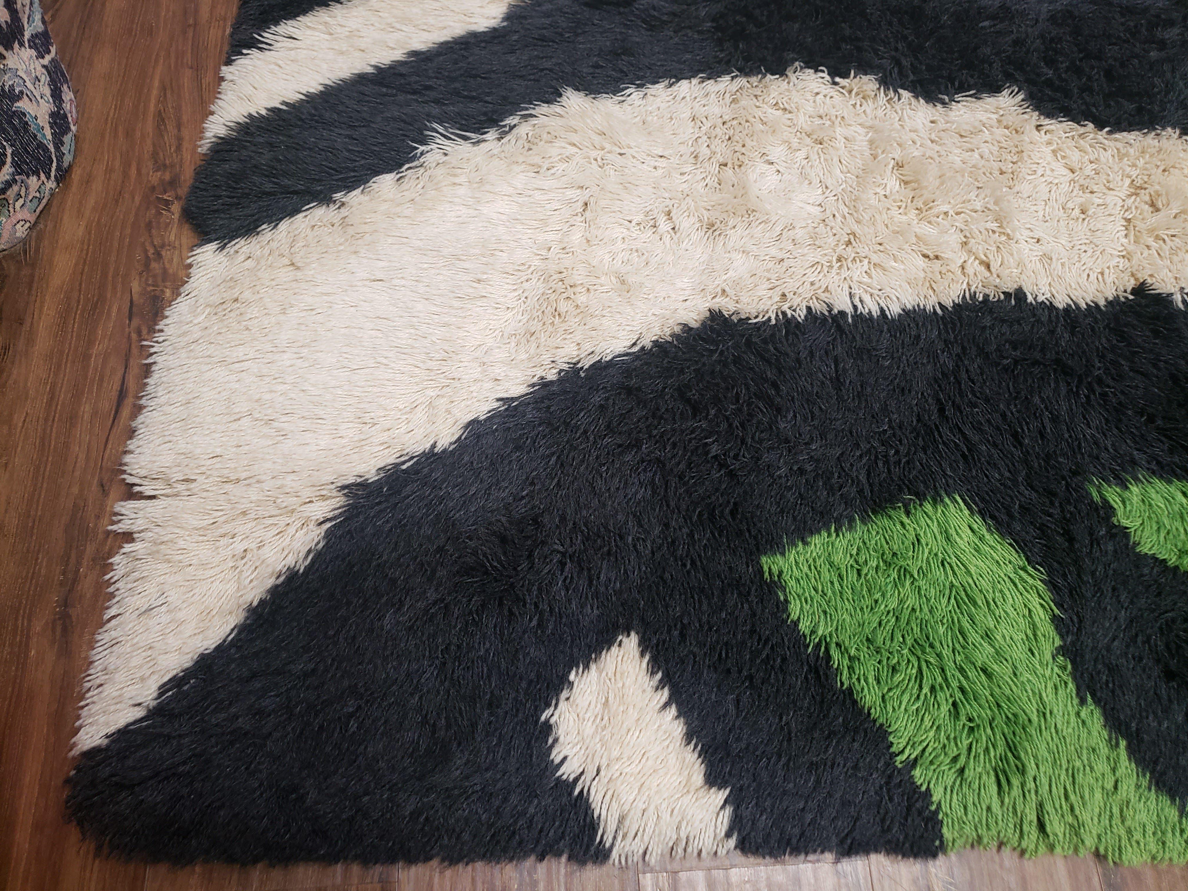 Rya Shag Rug 8x12, Mid-Century Ege Rya 1960s Carpet, Green White Black Modern Shag Rug, 8 x 12 Danish Rya, Soft High Pile, Abstract Rug - Jewel Rugs