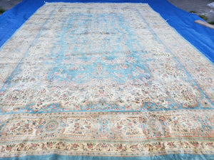Vintage Oversized Persian Kirman Rug, Hand-Knotted, Wool, Light Blue and Ivory, 12' x 20' - Jewel Rugs