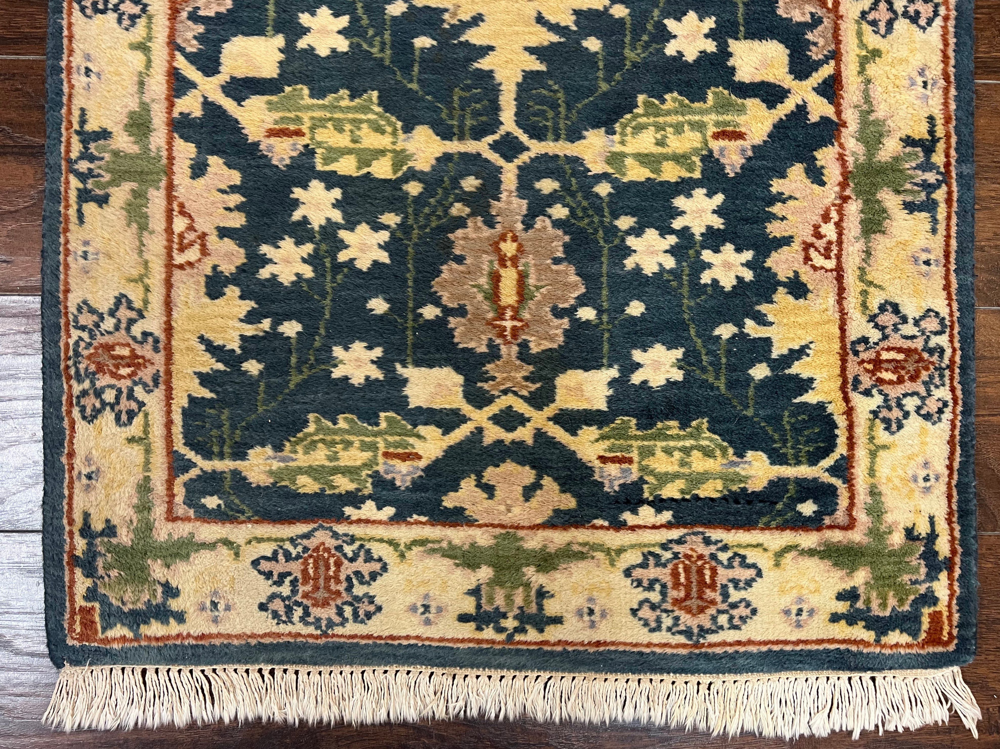Indian Runner Rug 2.6 x 12, Navy Blue Beige Oriental Runner Rug 12ft Long, Narrow Hallway Runner, Wool Hand Knotted Indo Persian Mahal Rug - Jewel Rugs