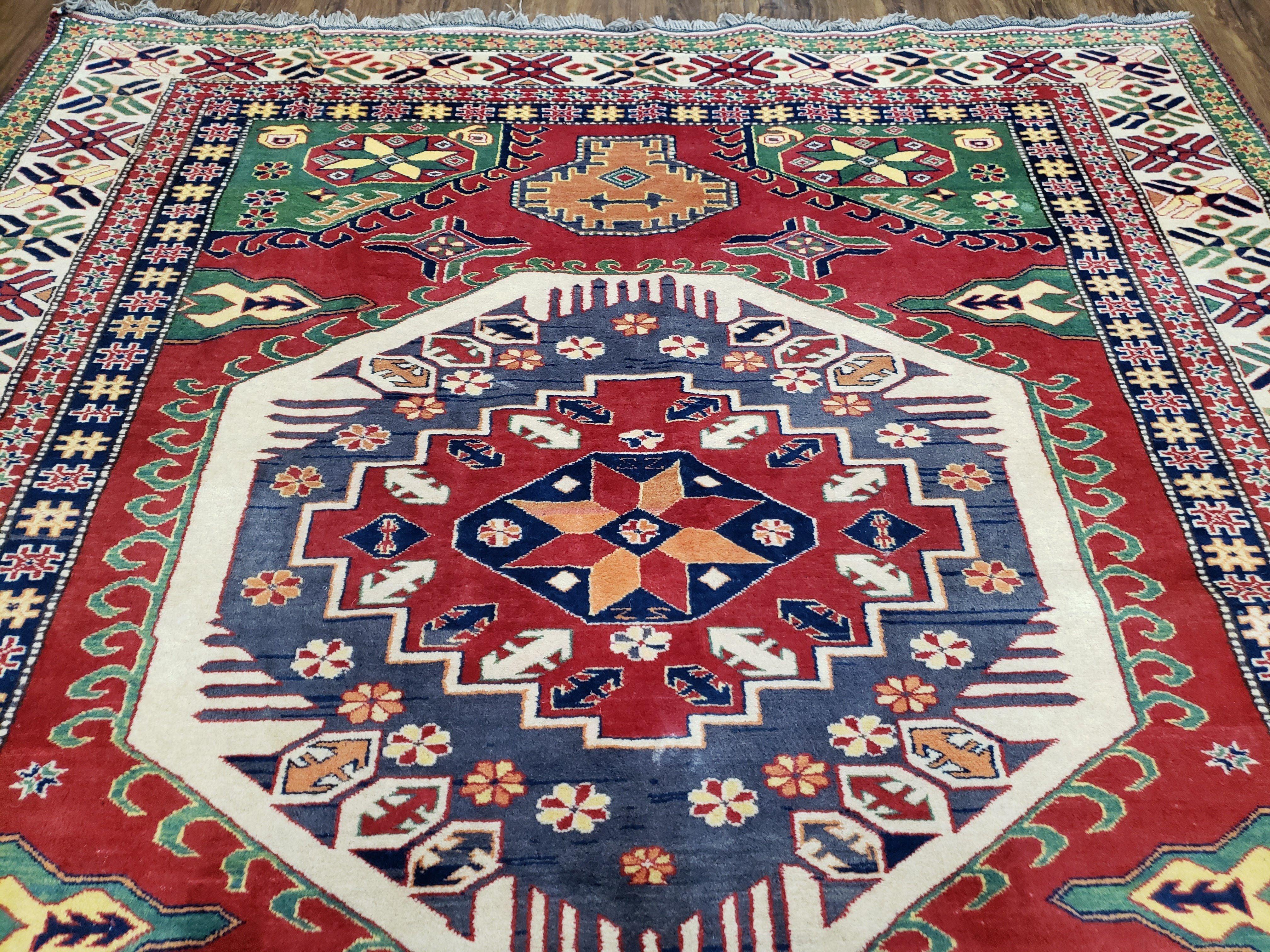 Vintage Turkish Kazak Area Rug, 6ft Square Rug, 6x6 Square Oriental Carpet, Hand-Knotted, Wool, Bold Colors, Red Blue Green, Geometric Rug - Jewel Rugs