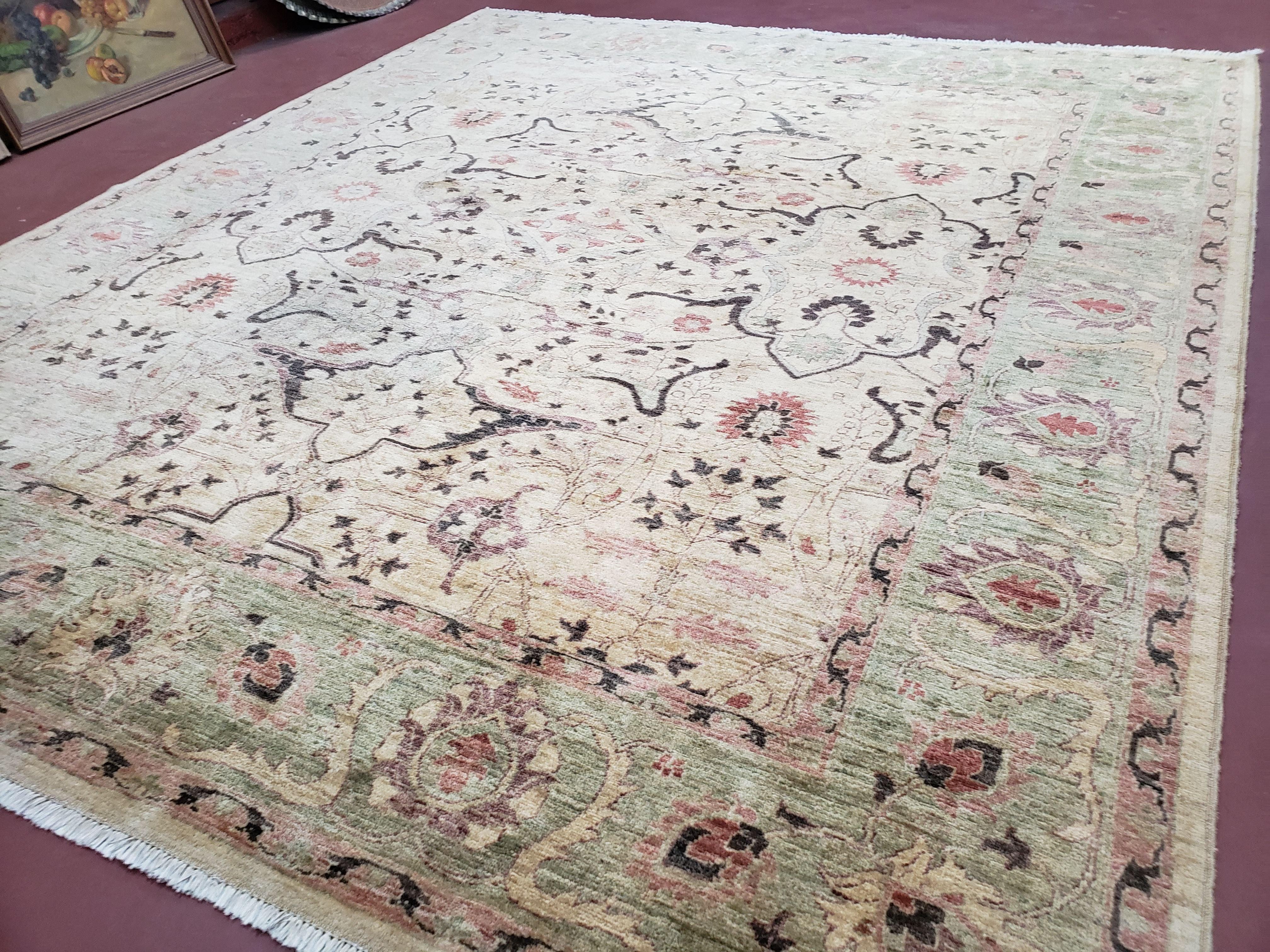 Vintage Peshawar Area Rug 8'4" x 9'7", Room Sized Peshavar Wool Oriental Carpet, Ivory/Beige & Dark Violet, Farmhouse Rug, Haji Jalil Design - Jewel Rugs