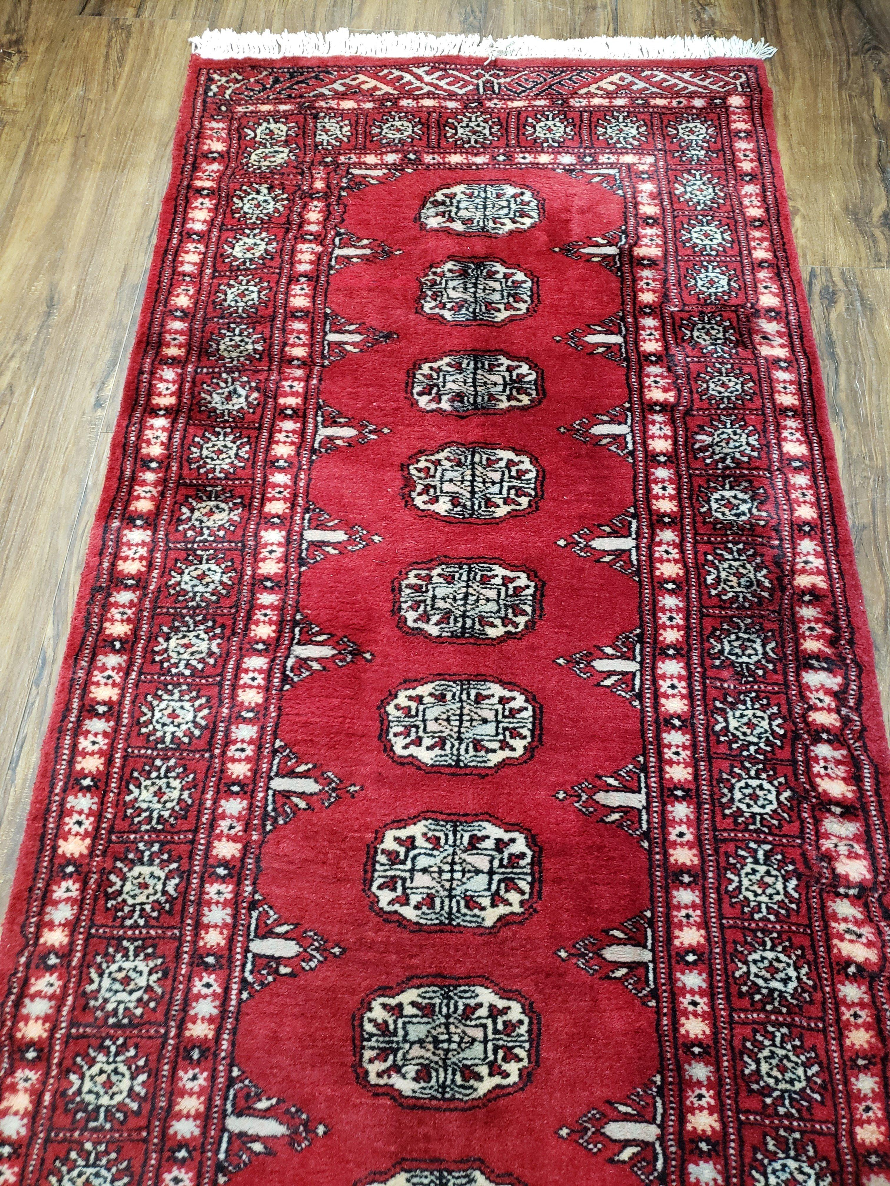 Vintage Bokhara Runner Rug 2.6 x 14, Wool Hand-Knotted Red & Ivory Pakistani Turkoman Yamud Hallway Carpet, Long Skinny Oriental Runner 14ft - Jewel Rugs