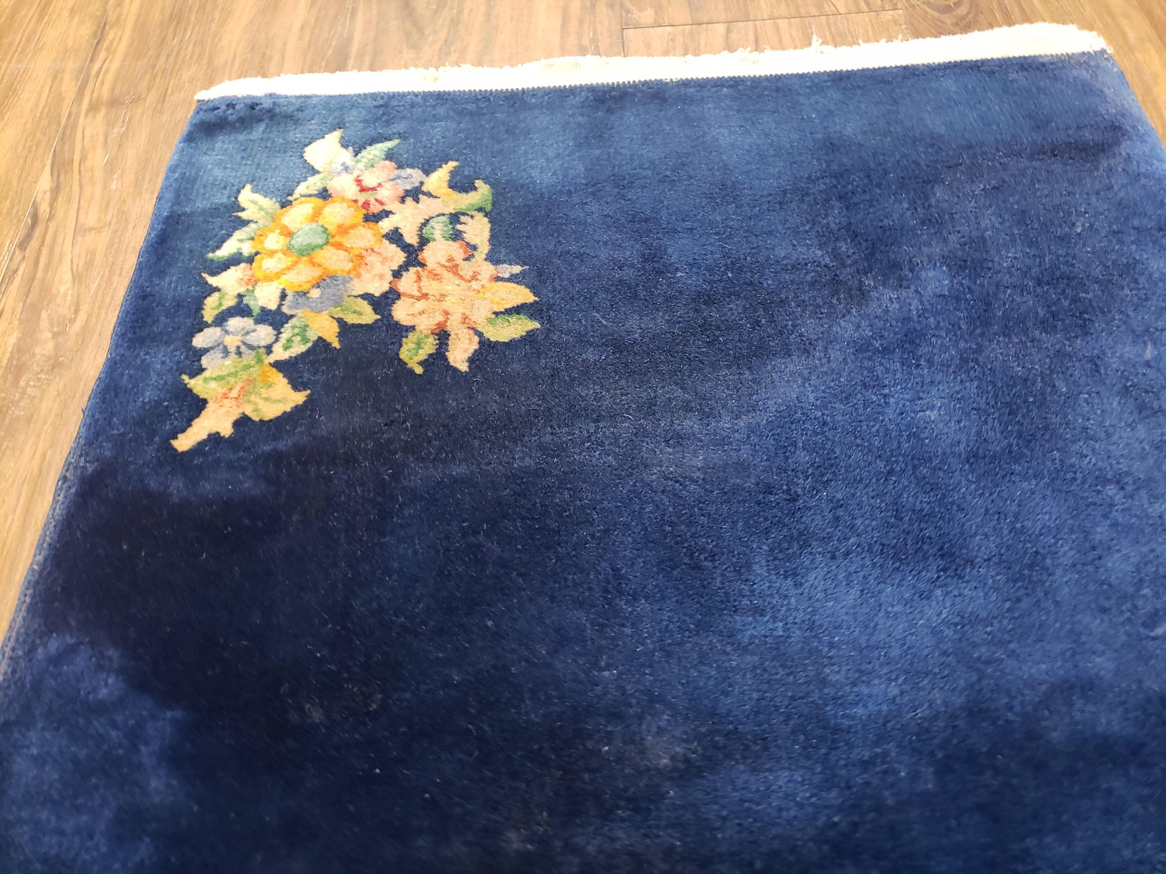 Antique Chinese Art Deco Accent Rug, Blue Art Deco Carpet, Small Chinese Rug, Flowers, Hand Knotted, Pair B, 2x4 Rug, Wool Rug Vintage Asian - Jewel Rugs