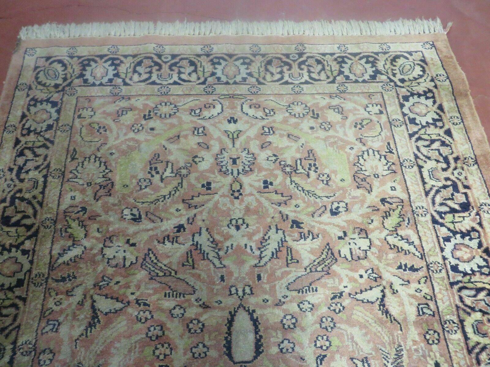 Indian Silk Rug 4x6, Indian Kashmiri Silk Carpet 4 x 6 ft, Vintage Hand Knotted Floral Bird Motifs, Light Pink and Navy Blue, Silk on Cotton - Jewel Rugs