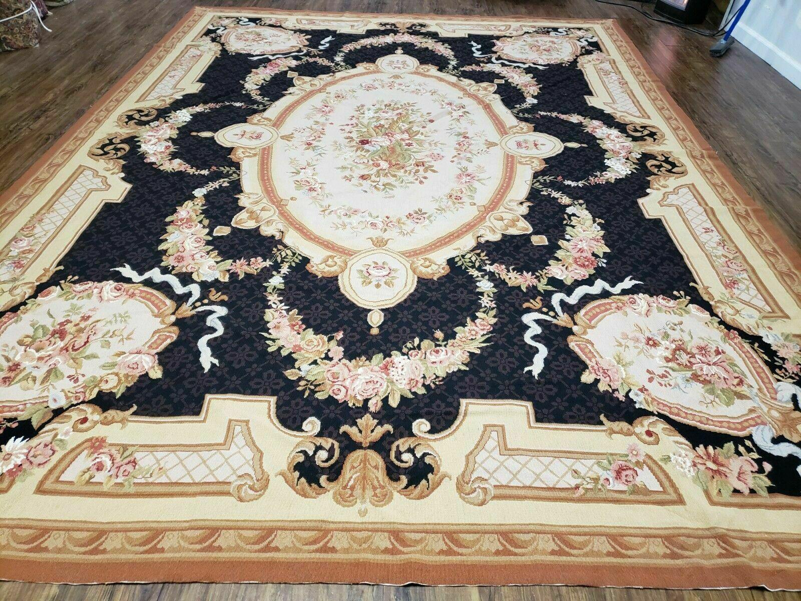 9' X 12' Handmade French Aubusson Savonnerie Needlepoint Rug Black Beige Nice - Jewel Rugs