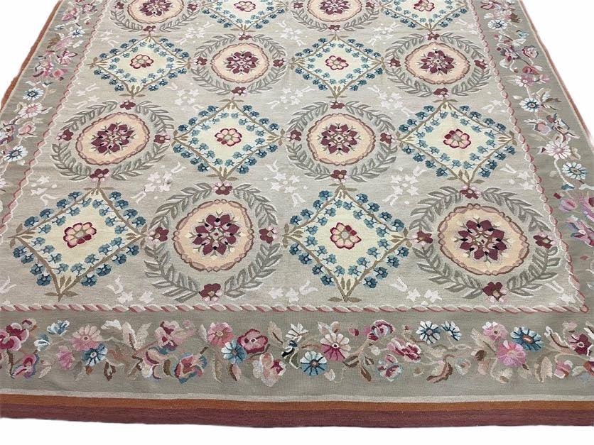 9x13 Needlepoint Carpet, French Design Rug, Hand-Knotted, Brand New Needlepoint Rug 9 x 13, English French European Style, Beige Floral - Jewel Rugs