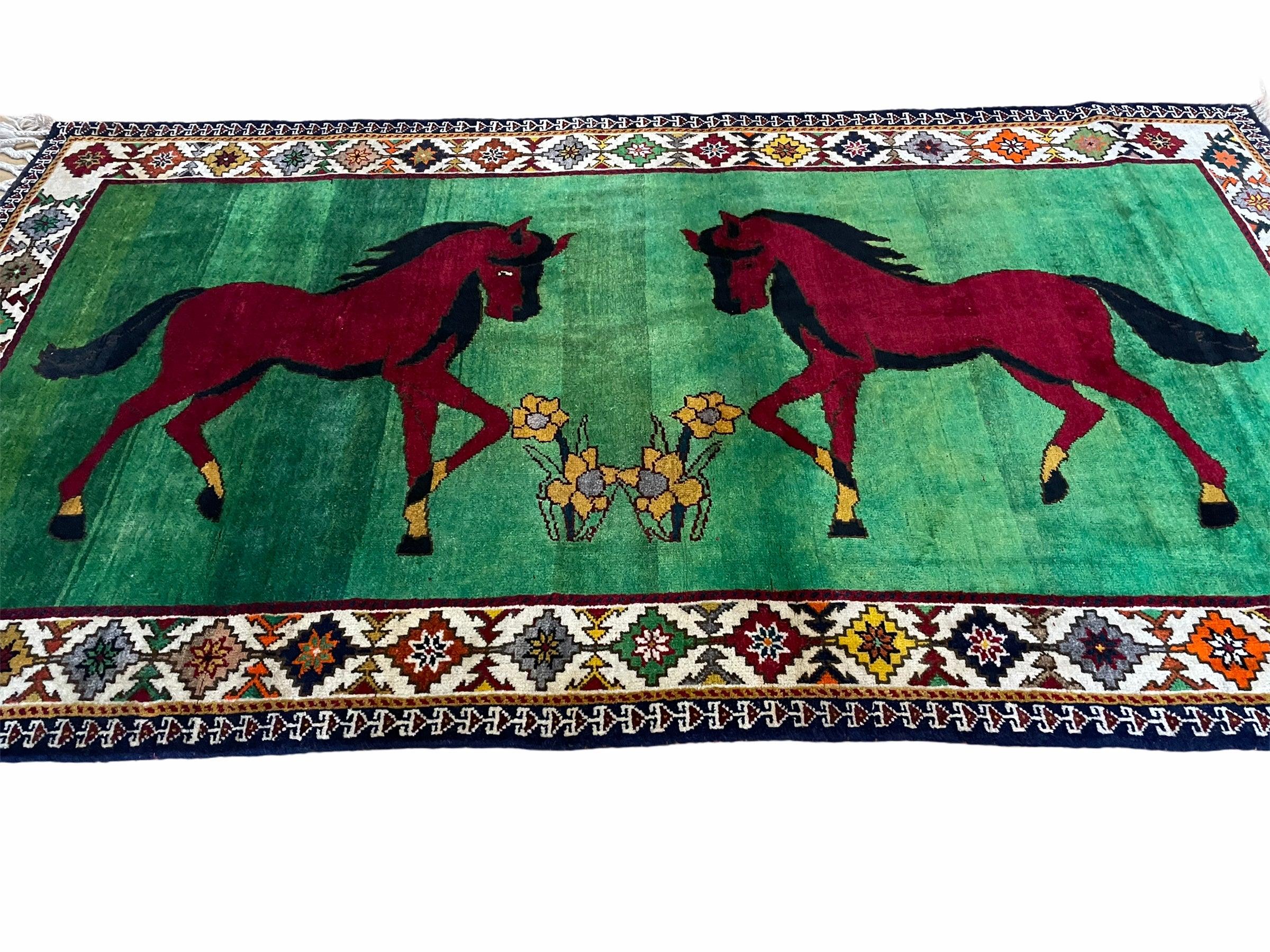 4 X 7 Handmade Rug Zagros Quality Wool Pictorial Horses Green Butterfly Colorful - Jewel Rugs