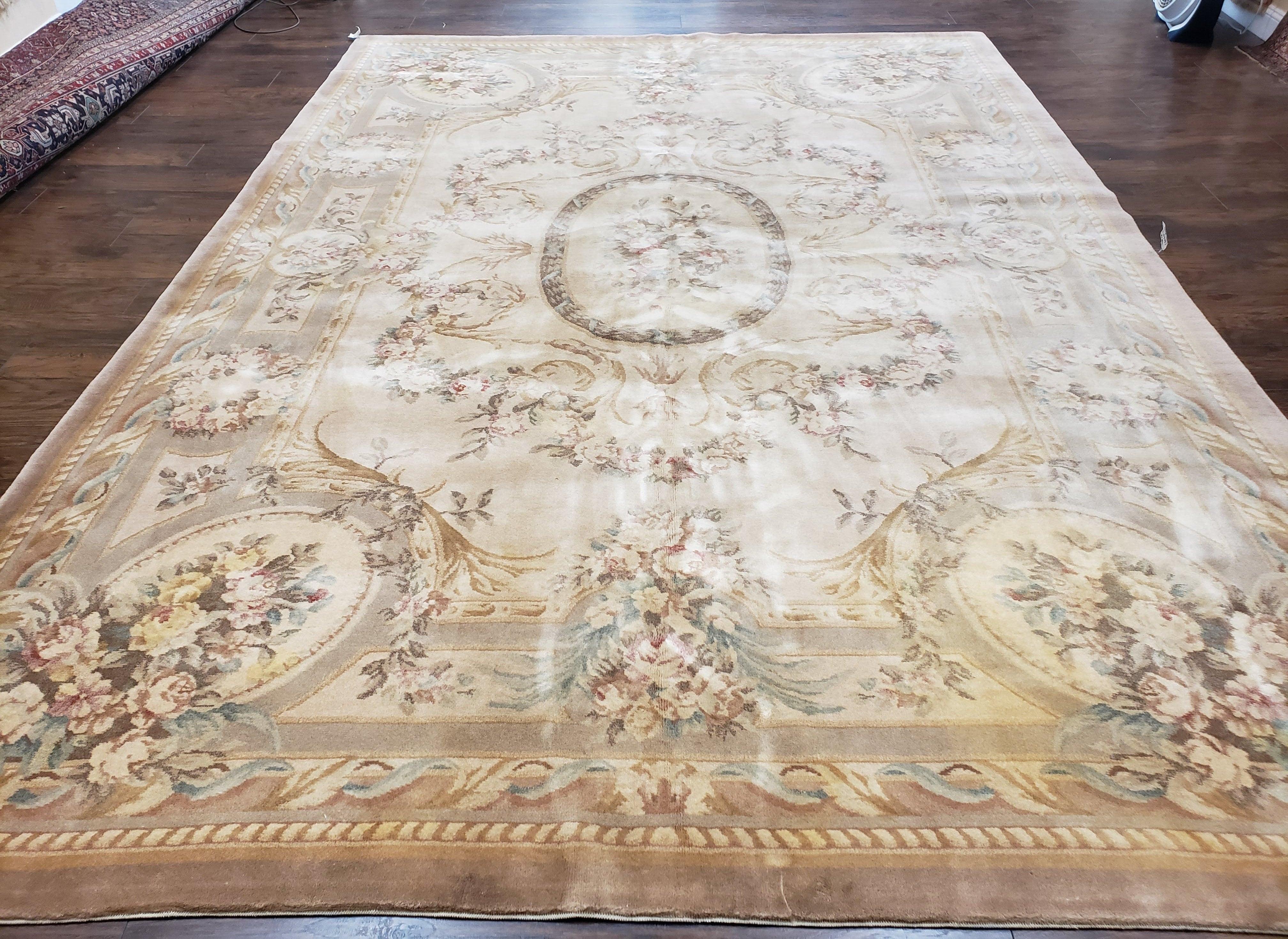 Vintage Chinese Aubusson Savonnerie Room Sized Rug 9.6 x 13.4, Wool Hand-Knotted Beige Carpet, 10x13 10x14 9x13 European Design, Living Room - Jewel Rugs