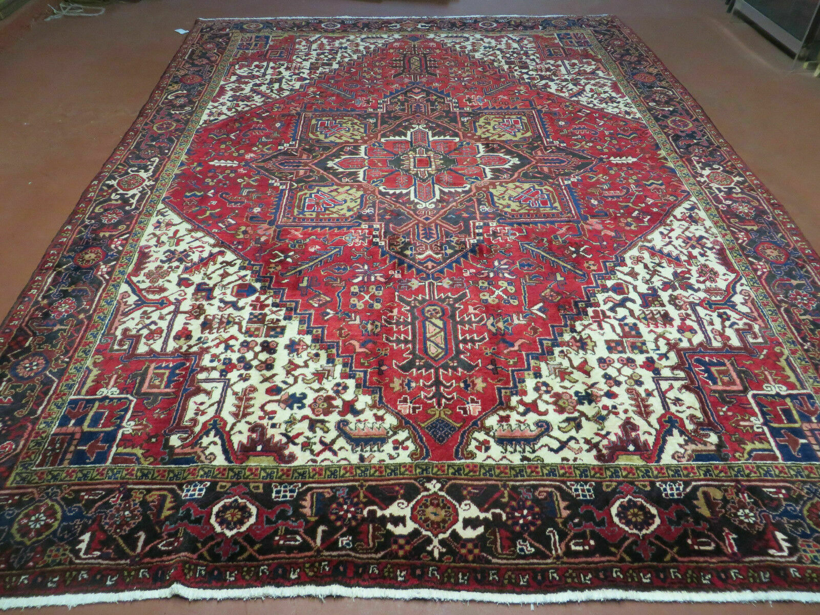 Wonderful Persian Heriz Rug 8.6 x 11, Geometric Heriz Carpet, Semi Antique Decorative Area Rug, Red Ivory Dark Blue Handmade Wool Room Sized - Jewel Rugs