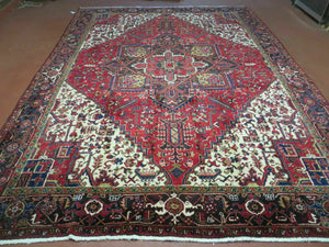 Wonderful Persian Heriz Rug 8.6 x 11, Geometric Heriz Carpet, Semi Antique Decorative Area Rug, Red Ivory Dark Blue Handmade Wool Room Sized