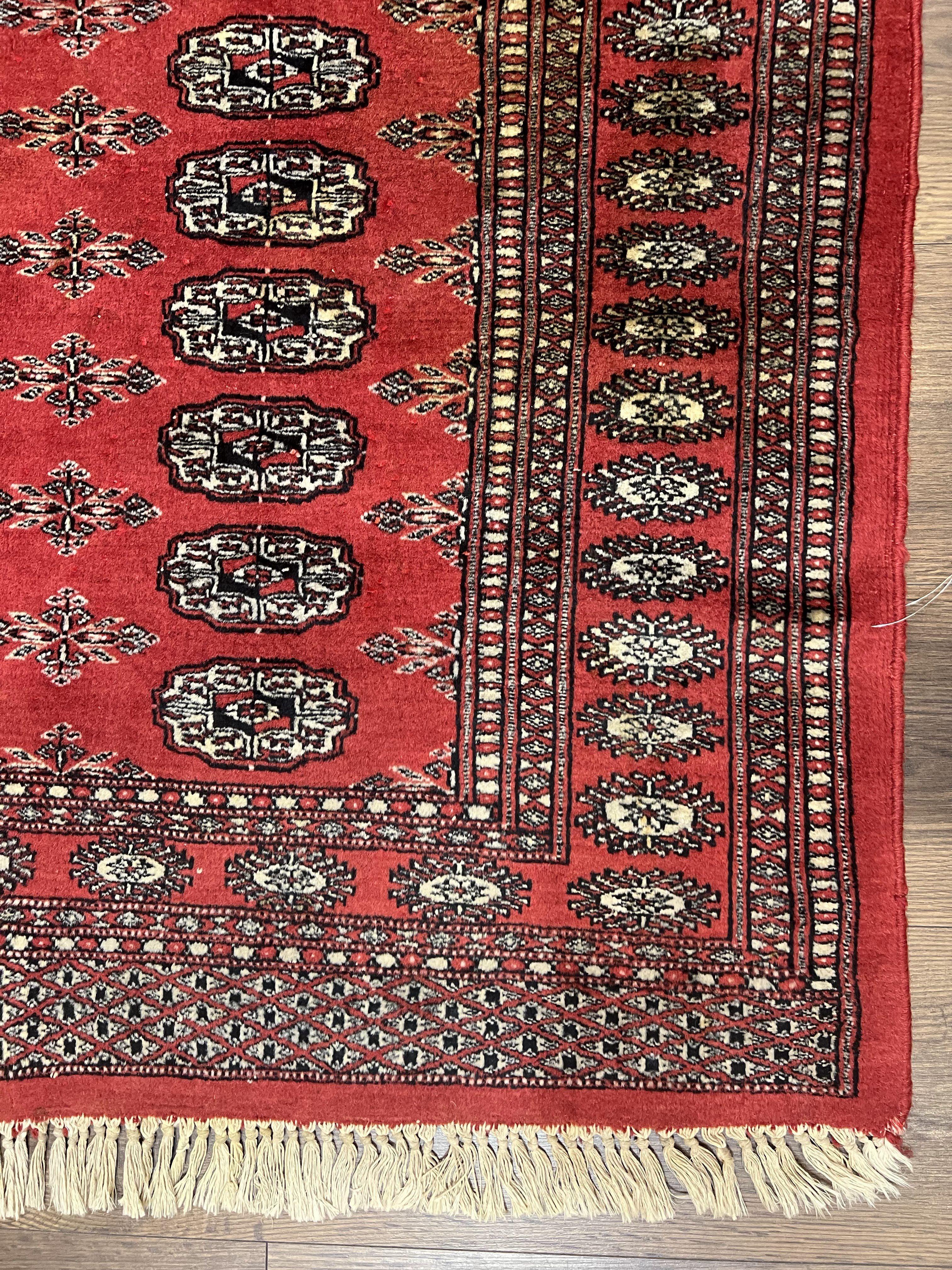 Pakistani Bokhara Rug 3x5, Red Turkoman Carpet 3 x 5 ft, Hand Knotted Wool Vintage Tribal Bohemian Rug, Elephant Foot Motif, Handmade Nice - Jewel Rugs