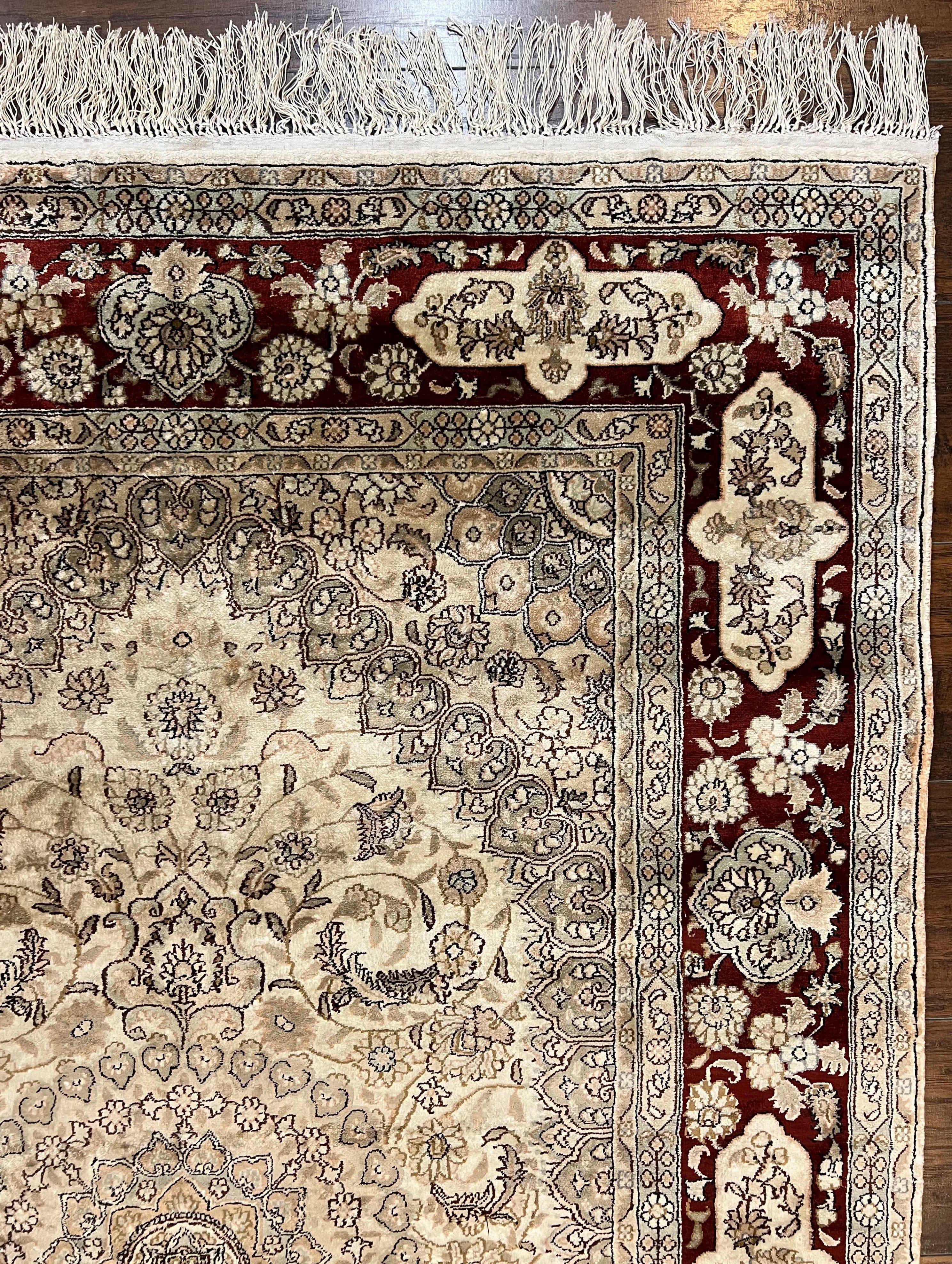 Silk Indian Kashmiri Rug 4x6 ft, Floral Medallion Hand Knotted Handmade Oriental Carpet, Vintage, Cream Burgundy, Very Fine Silk Rug 4 x 6 - Jewel Rugs