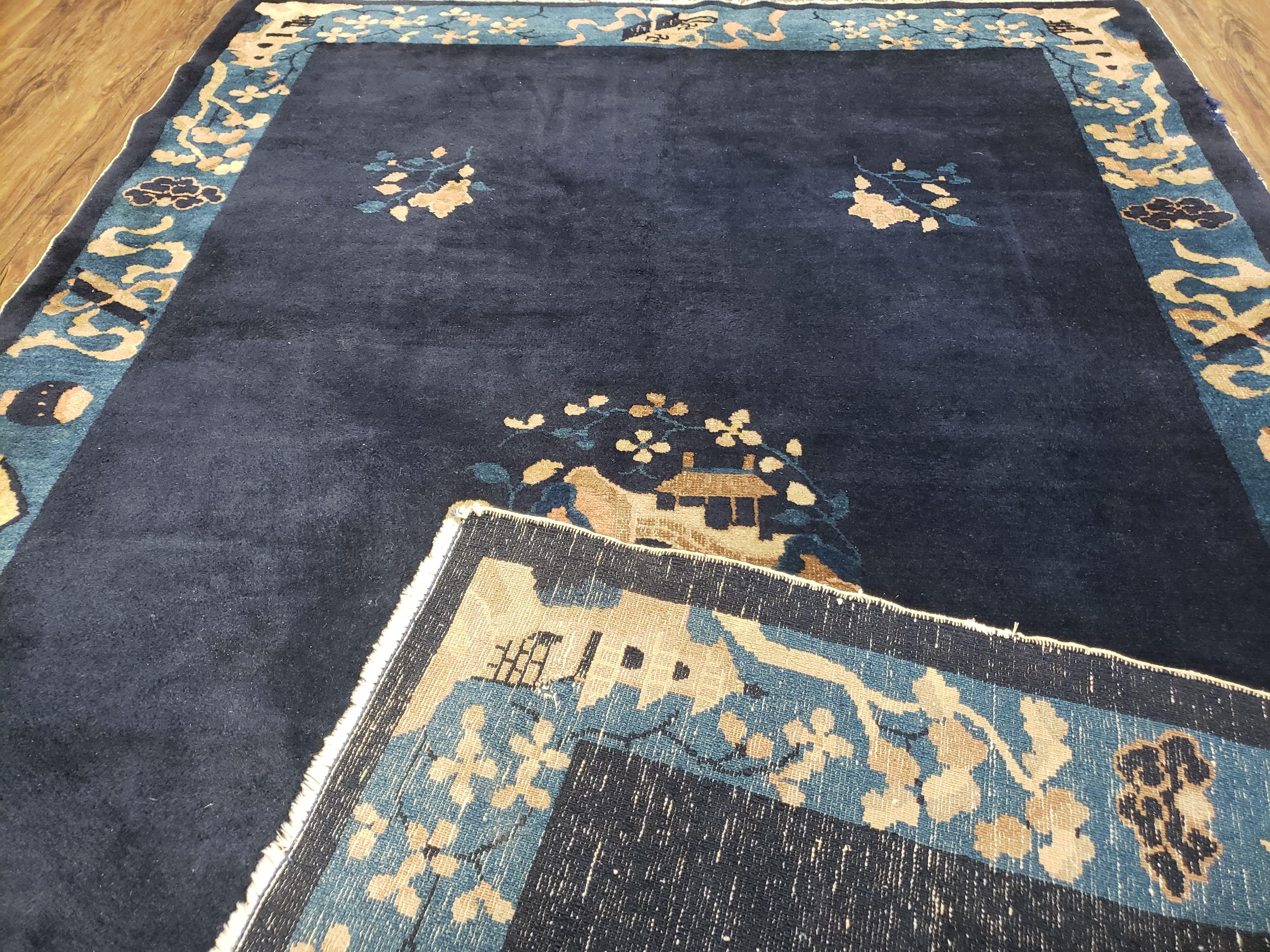 Antique Chinese Peking Area Rug, Hand-Knotted, Dark Blue, Wool, 5x7 Asian Pagoda Oriental Carpet, Rare, 5'1" x 7'6" Traditional Chinese Rug - Jewel Rugs