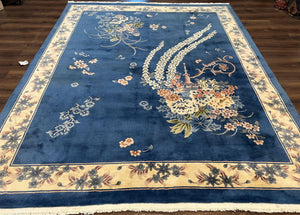 Chinese Wool Rug 8x10, Blue and Cream Art Deco Carpet, Vintage 1960s Oriental 120 Line Nichols Rug, Floral Design, Soft Plush Wool, Handmade - Jewel Rugs