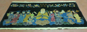 Chinese Wool Pictorial Rug 3x6 Counsel of Wise Elders Philosophers, Vintage Hand Knotted Black Chinese Carpet, Swan, Clouds Confucius, Rare - Jewel Rugs