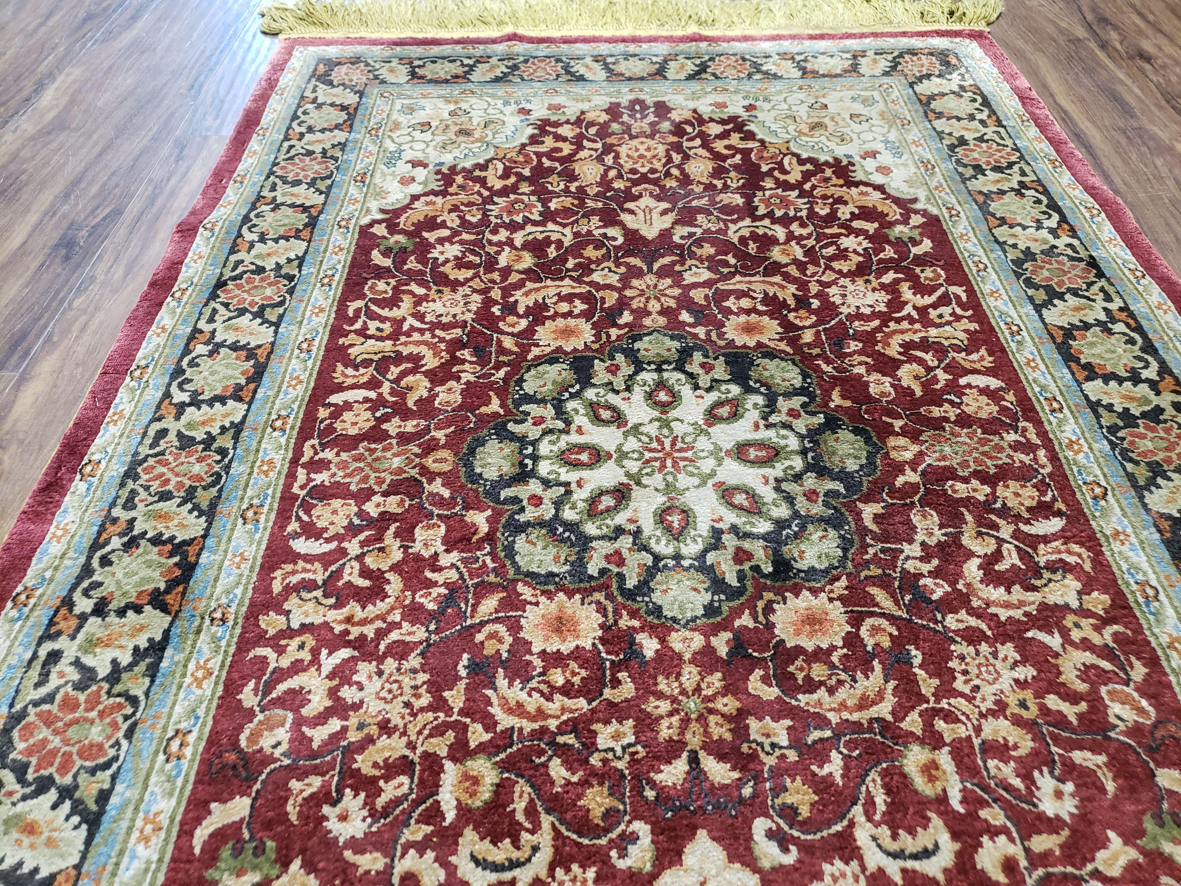 3x5 Silk Hand-Knotted Rug, Silk Oriental Carpet 5 x 3, Red & Ivory, Floral Medallion, Gold Fringes, Semi Antique Vintage Traditional Rug - Jewel Rugs