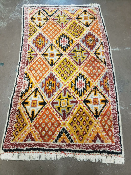 Moroccan Rug 3x5 Vintage Handmade Tribal Rug, Colorful Rug, Orange Yellow Red, Boujad Rug, Boho Beni Ourain Checkered Panel Wool Rug, Berber - Jewel Rugs