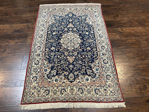 Super Fine Persian Nain Carpet 3.6 x 5.4, Traditional Persian Rug, Center Medallion with Floral Allover Design Dark Blue and Ivory/Cream Detailed 4-La, Wool with Silk Accents - Jewel Rugs