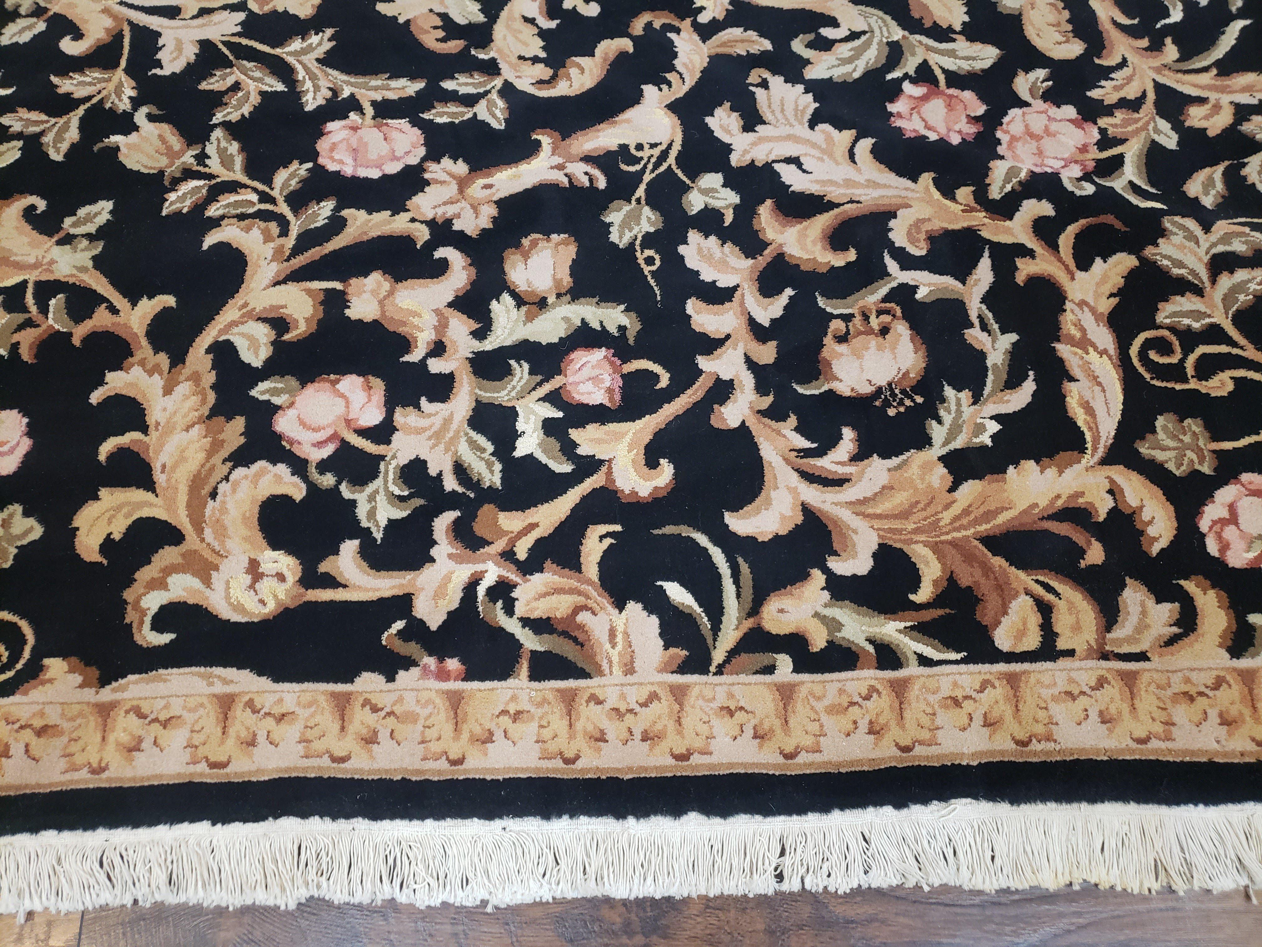 Chinese Aubusson Rug 8.8 x 11, Black Cream Gold, Allover Floral Pattern, Vintage Wool Pile Rug, Traditional European Design, Handmade Carpet - Jewel Rugs