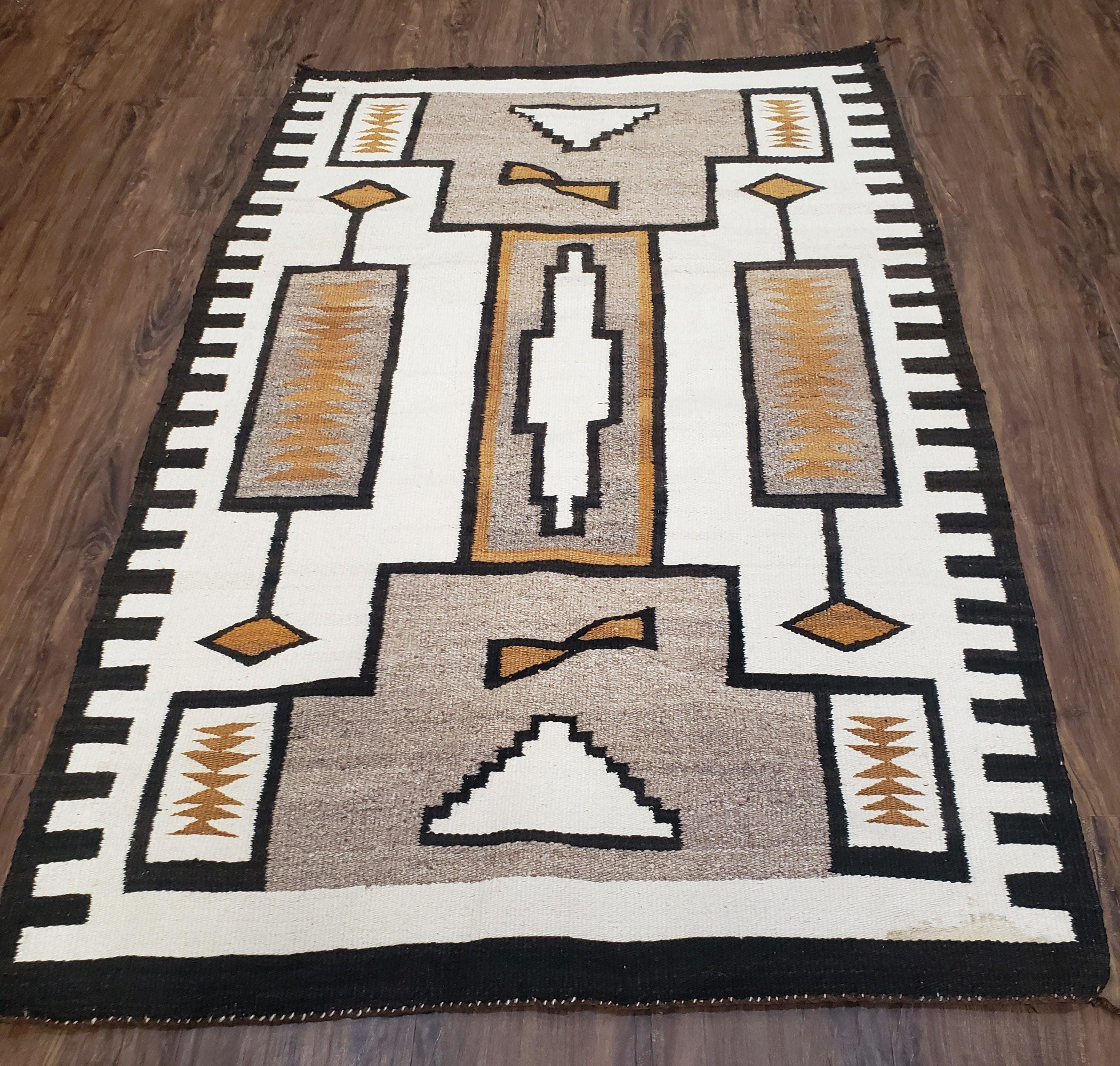 Antique Navajo Rug 3x5, Collectible Native American Blanket, Wool Hand Woven, Ivory Black Indian Tribal Rug, Vintage Navajo Textile - Jewel Rugs