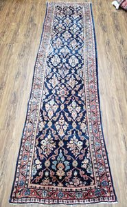 Antique Dark Blue Persian Sarouk Runner, Hand-knotted, Wool, 2'4" x 9' 3" - Jewel Rugs