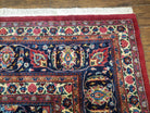 1950s Persian Mashad Rug 8' 3" x 11' 7", Room Sized Persian Carpet, Semi Antique, Medallion with Floral Allover Pattern, Red and Navy Blue Signature Master Weaver - Jewel Rugs